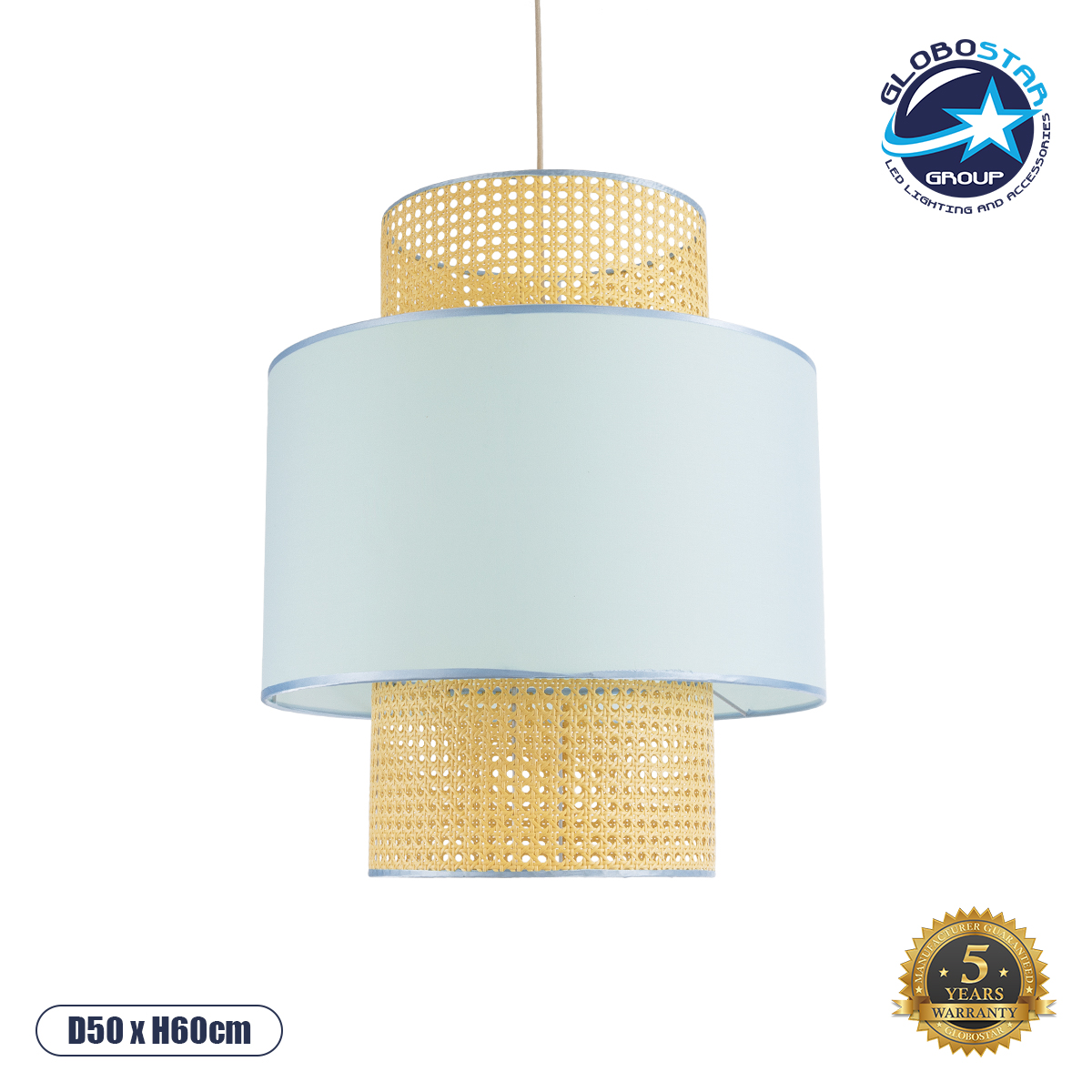 GloboStar® SAIGE 02045 Boho Κρεμαστό Φωτιστικό Πλέγμα Μονόφωτο 1 x E27 IP20 Μπεζ Ξύλο με Γαλάζιο Ύφασμα - Μ50 x Π50 x Υ60cm