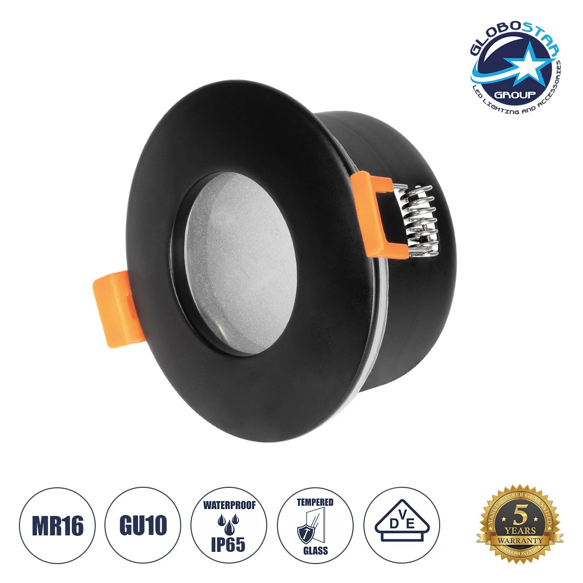 GloboStar® 60888 GASPAR Χωνευτό Στρόγγυλο Σποτ Οροφής για Λάμπα MR16/GU10 IP65 - Αλουμίνιο & Γυαλί - Φ8.5 x Υ4.2cm - Μαύρο & Διάφανο - 5 Χρόνια Εγγύηση