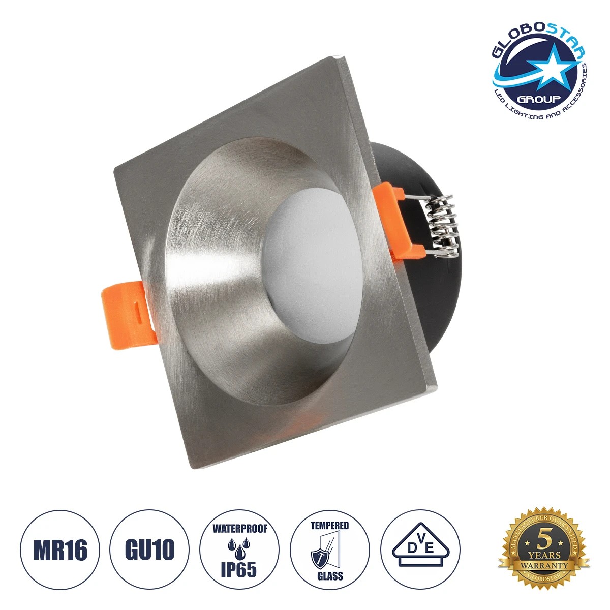 GloboStar® 61318 GASPAR Χωνευτό Τετράγωνο Σποτ Οροφής για Λάμπα MR16/GU10 IP65 - Αλουμίνιο & Γυαλί - Φ8.5 x Υ4.4cm - Ασημί & Διάφανο - 5 Χρόνια Εγγύηση