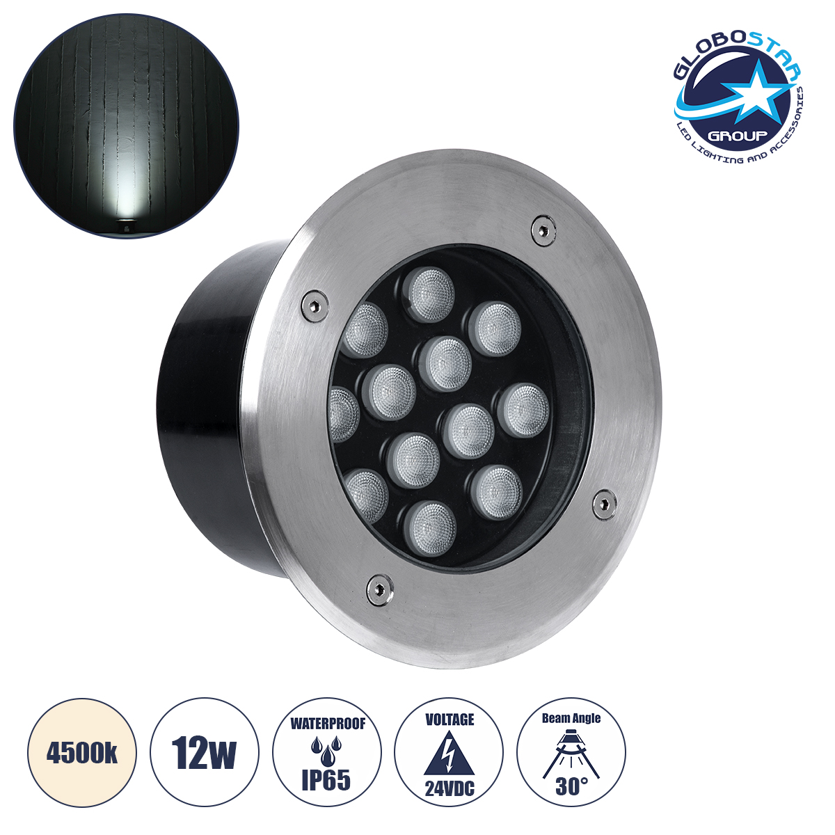 GLOBOSTAR® UNDERGROUND-TINA 90668 Χωνευτό Αρχιτεκτονικο Φωτιστικό Σποτ Δαπέδου LED 12W 1380lm 30° DC 24V Αδιάβροχο IP65 Φυσικό Λευκό 4500K Dimmable - Ανοξείδωτο Ατσάλι 304 - Φ16 x Υ9cm / Q14cm - 3 Χρόνια Εγγύηση
