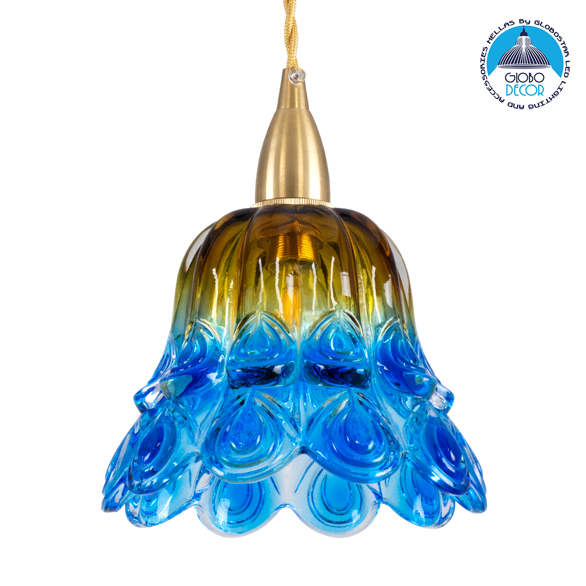 GloboStar® SACHA 00735 Vintage Κρεμαστό Φωτιστικό Καμπάνα Μονόφωτο 1 x E27 IP20 Μπλε & Χρυσό Γυαλί - Μ15 x Π15 x Υ18cm