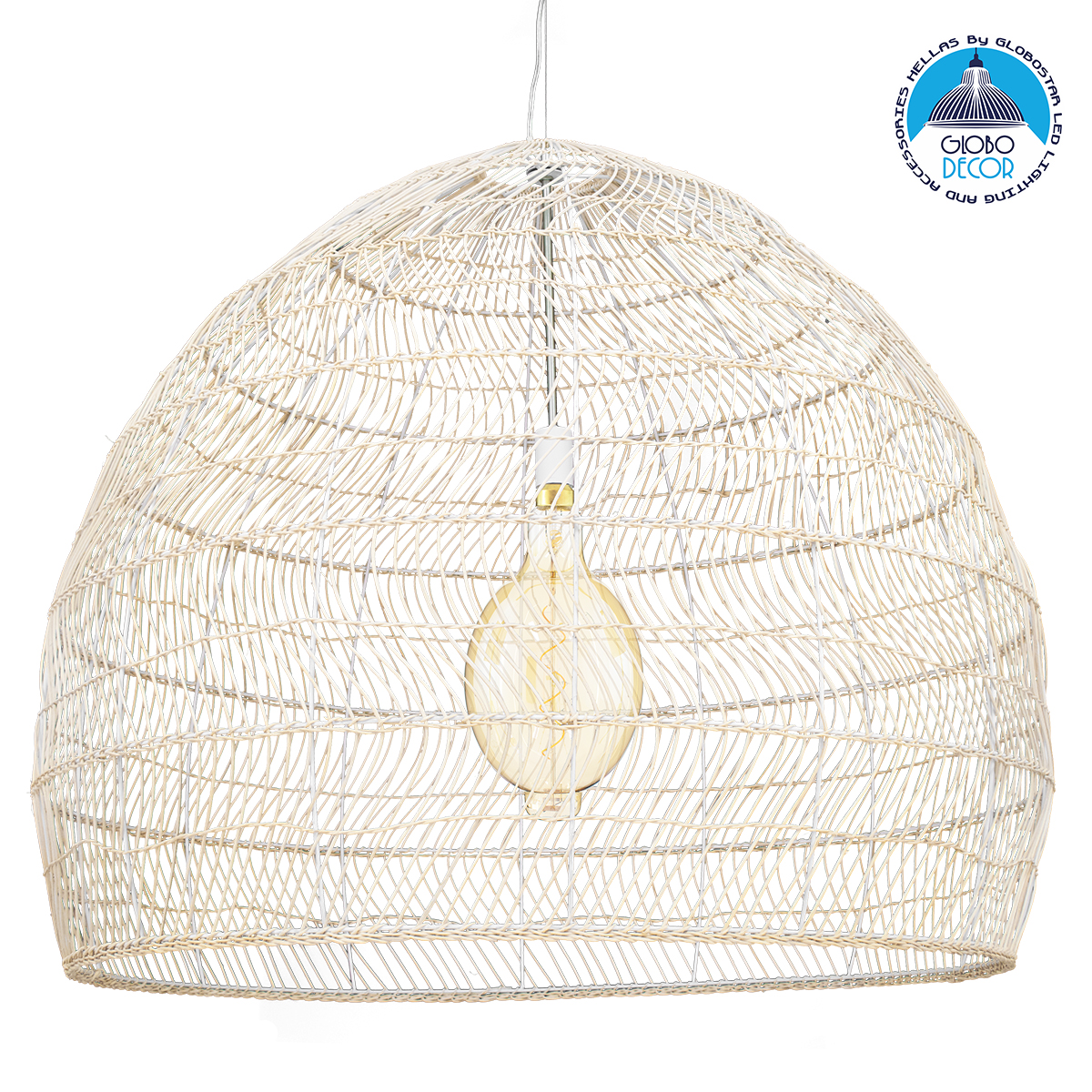 GloboStar® MALIBU 00965 Boho Κρεμαστό Φωτιστικό Πλέγμα Μονόφωτο 1 x E27 IP20 Μπεζ Ξύλο - Μ100 x Π100 x Y86cm