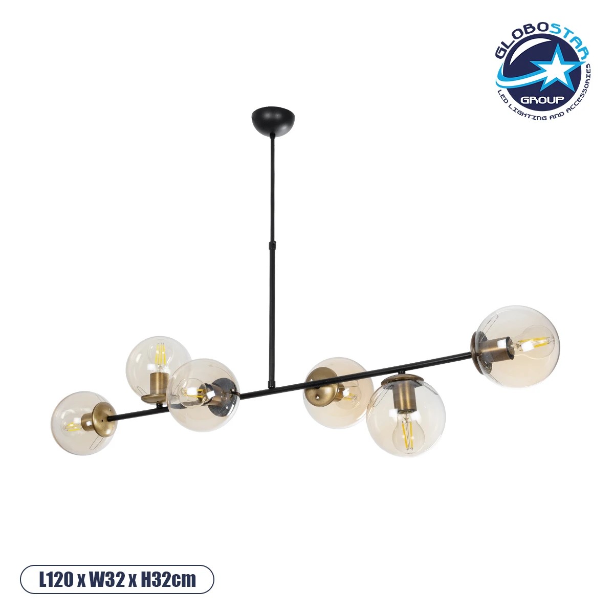 GloboStar® LATTICE 203-0017 Μοντέρνο Κρεμαστό Φωτιστικό Ράγα Πολύφωτο 6 x E27 IP20 Μαύρο & Μπρούτζινο Μέταλλο με Mελί Γυαλί - Μ120 x Π32 x Υ32cm
