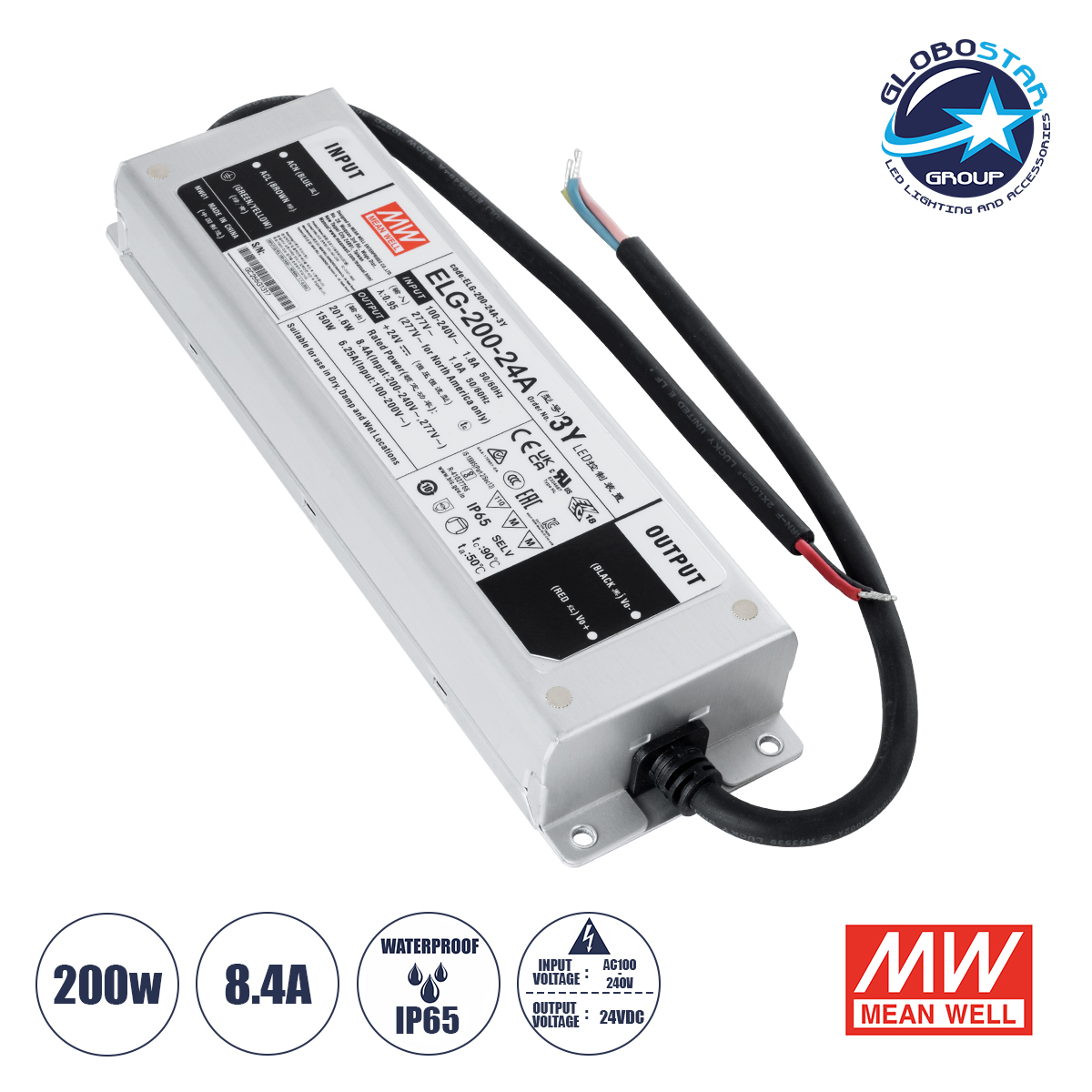 GLOBOSTAR® MEANWELL-ELG-200-24A 90789 Τροφοδοτικό/Μετασχηματιστής SELV 200W 8.4A DC 24V Αδιάβροχο IP65 - AC 220-240V σε DC 24V / Ρυθμιζόμενο από 22.4VDC έως 25.6VDC - Μ24.4 x Π7.1 x Υ3.75cm - 3 Χρόνια Εγγύηση