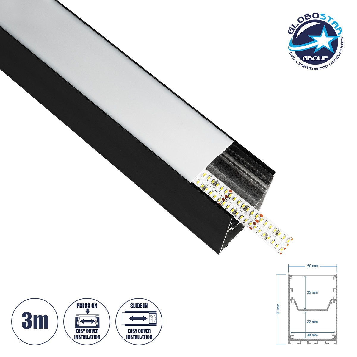 GLOBOSTAR® ALP-LINEAR BRIGHTRAIL 61775-3M Επιφανειακό / Κρεμαστό Προφίλ Αλουμινίου με Λευκό Γαλακτερό Πατητό Κάλυμμα για Ταινίες LED IP20 - Μαύρο Ματ - Μ300 x Π5 x Υ7.5cm
