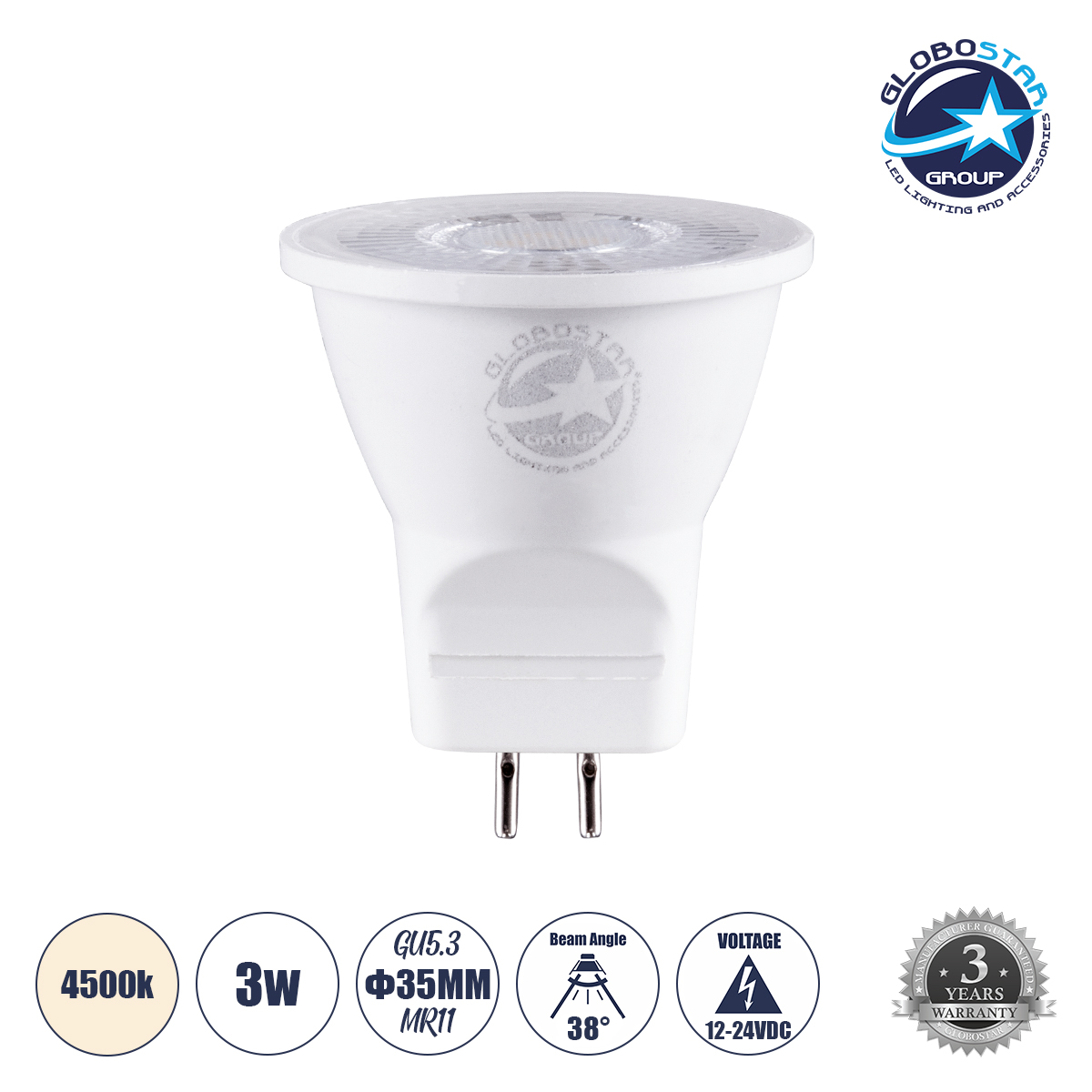 GloboStar® 60109 Σποτ LED GU5.3 MR11 3W 315lm 38° DC 12-24V IP20 Φ3.5 x Υ3.5cm Φυσικό Λευκό 4500K - 3 Years Warranty