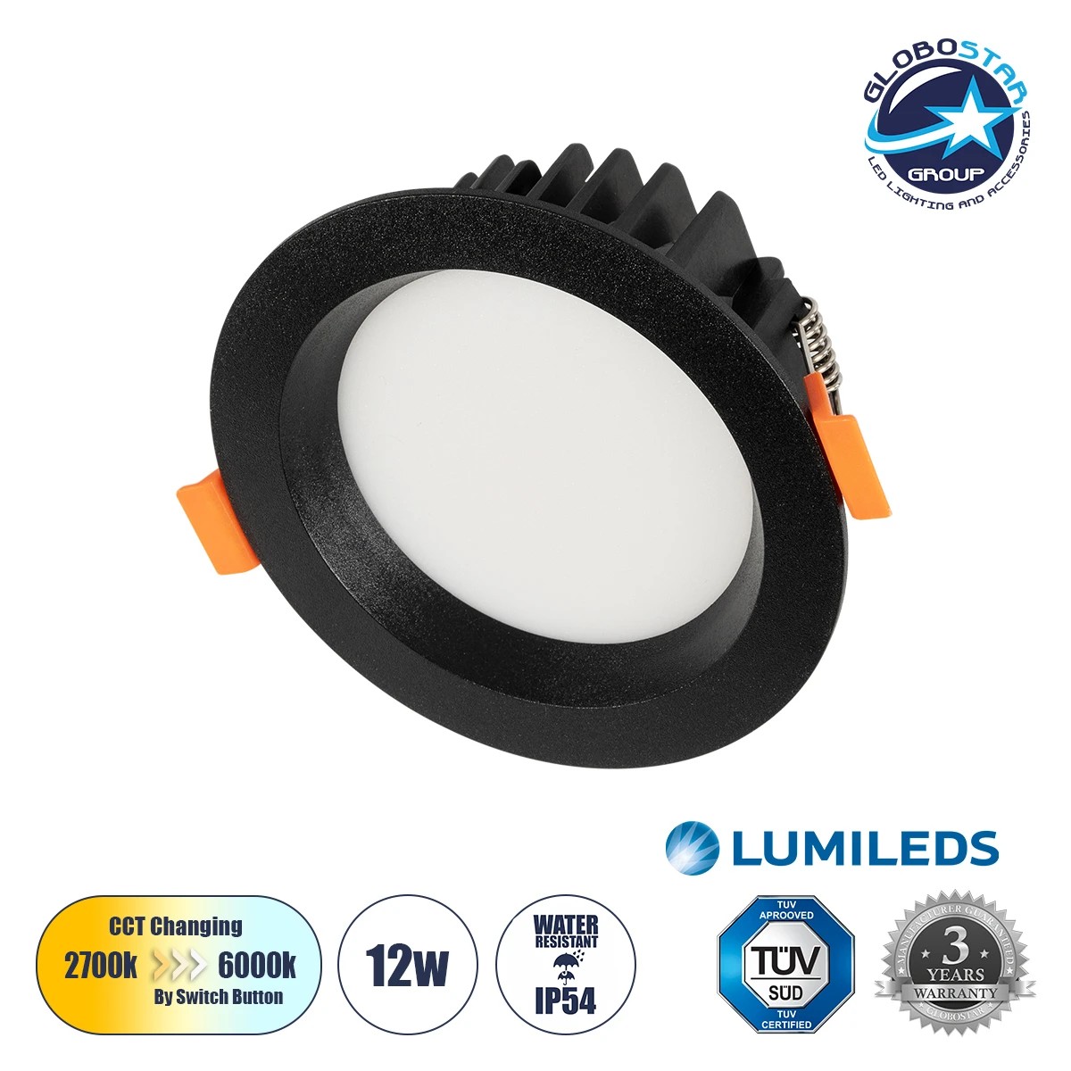 GLOBOSTAR® WATERA 60897 Χωνευτό Downlight Σποτ Panel LED 12W 1500lm 120° AC 220-240V Αδιάβροχο IP54 Ρυθμιζόμενο Λευκό CCT με Διακόπτη στο Σώμα 2700K/4500K/6000K Dimmable - Lumileds SMD Chip & TÜV SÜD Driver - Μαύρο Ματ - Μ10.8 x Π10.8 x Υ3.2cm / Q9cm - 3 Χρόνια Εγγύηση