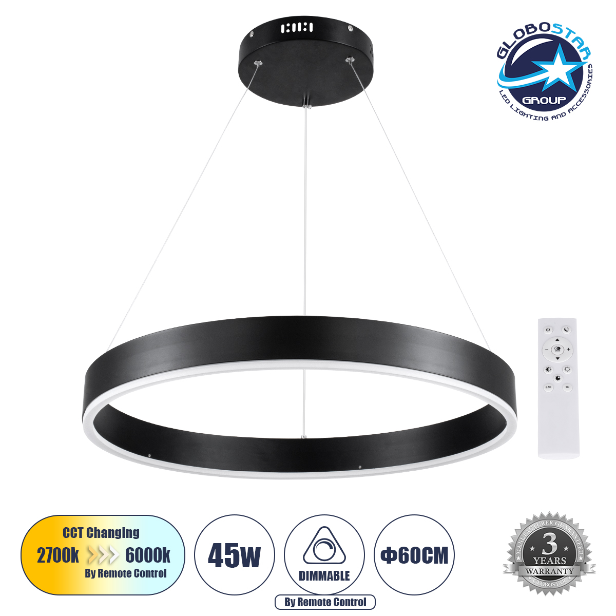 GloboStar® VENOM 61176 Κρεμαστό Φωτιστικό Δαχτυλίδι-Κύκλος LED CCT 45W 5269lm 120° AC 220-240V - Εναλλαγή Φωτισμού μέσω Τηλεχειριστηρίου All In One Ψυχρό 6000K+Φυσικό 4500K+Θερμό 2700K Dimmable Φ60cm - Μαύρο - 3 Years Warranty
