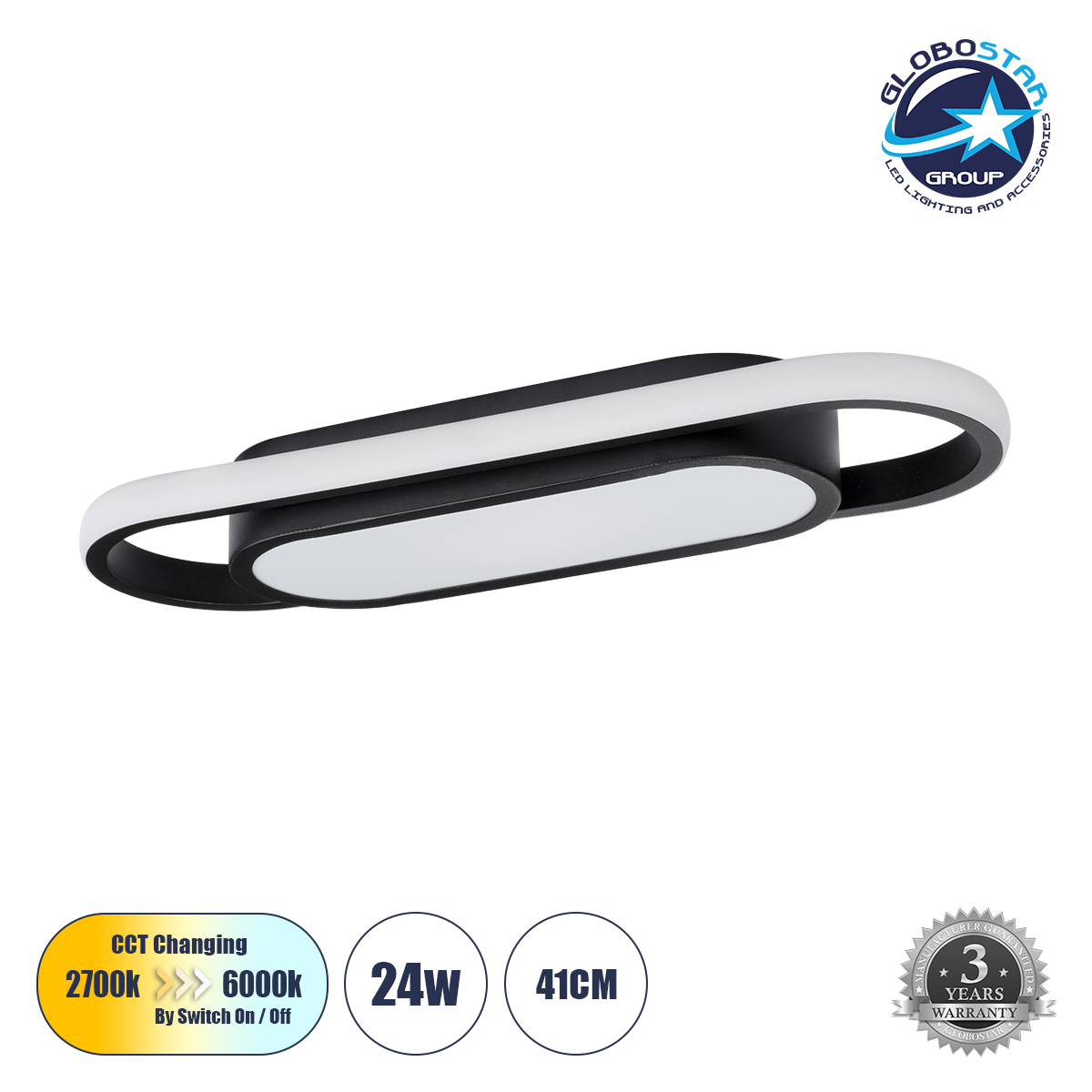 GloboStar® IGOR 61216 Φωτιστικό Οροφής Linear Design LED CCT 24W 2880lm 210° AC 220-240V - Εναλλαγή Φωτισμού μέσω Διακόπτη On/Off All In One Ψυχρό 6000k+Φυσικό 4500k+Θερμό 2700k Μ41 x Π13 x Υ4.5cm - Μαύρο - 3 Years Warranty