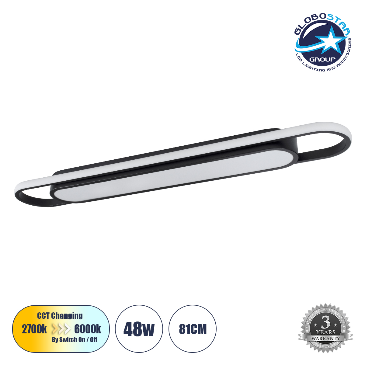 GloboStar® IGOR 61218 Φωτιστικό Οροφής Linear Design LED CCT 48W 5760lm 210° AC 220-240V - Εναλλαγή Φωτισμού μέσω Διακόπτη On/Off All In One Ψυχρό 6000k+Φυσικό 4500k+Θερμό 2700k Μ81 x Π13 x Υ4.5cm - Μαύρο - 3 Years Warranty
