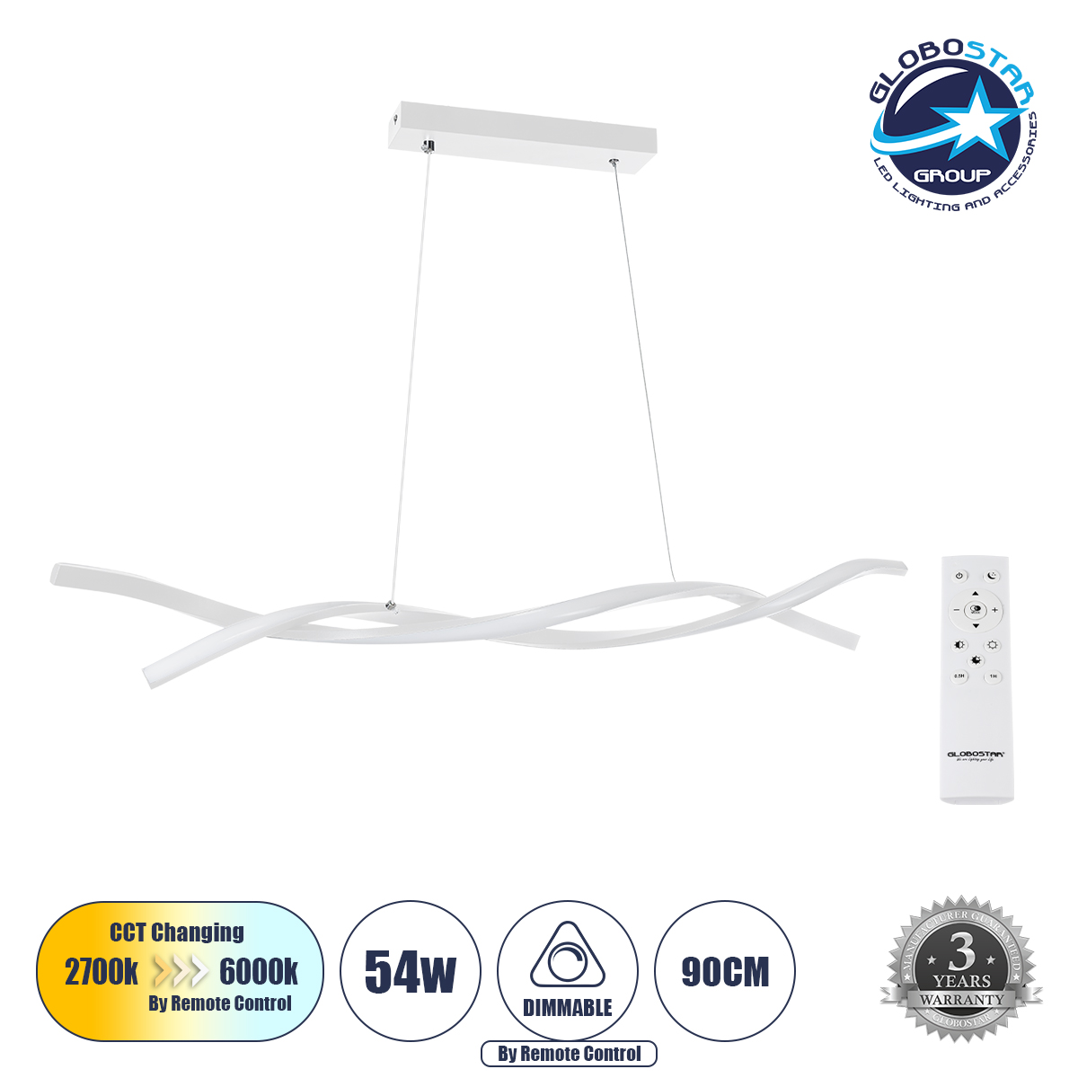 GLOBOSTAR® MORALES 61276 Μοντέρνο Κρεμαστό Φωτιστικό Οροφής LED 54W 6048lm 300° AC 220-240V IP20 Ρυθμιζόμενο Λευκό CCT με Χειριστήριο από 2700K έως 6000K Dimmable - Lumileds SMD Chip - Λευκό Ματ - Μ90 x Π14 x Υ14cm - 3 Χρόνια Εγγύηση