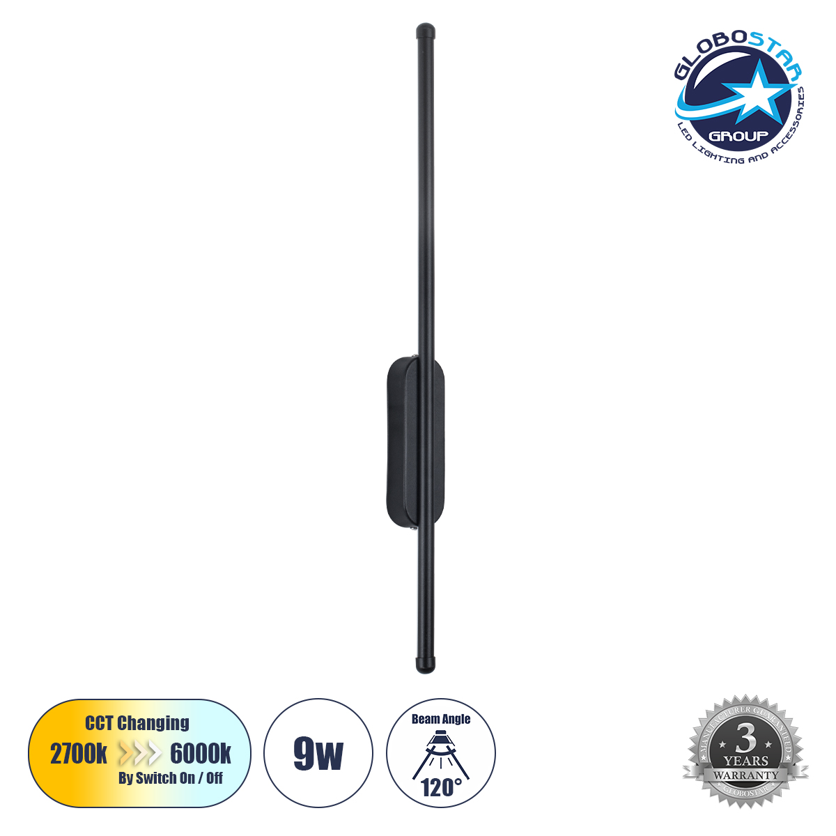 GloboStar® HARLEM 61331 Φωτιστικό Τοίχου - Απλίκα Design LED CCT 9W 1080lm 120° AC 220-240V - Εναλλαγή Φωτισμού μέσω Διακόπτη On/Off All In One Ψυχρό 6000k+Φυσικό 4500k+Θερμό 2700k Μ5 x Π4 x Υ60cm - Μαύρο - 3 Years Warranty
