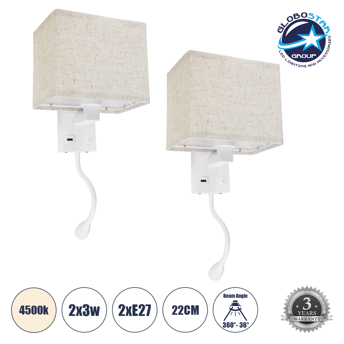 GloboStar® ROULETTE-S 61383 Μοντέρνο Φωτιστικό Τοίχου - Απλίκα Ξενοδοχείου Bed Side LED 3W 360lm & 1 x E27 36° & 360° AC 220-240V - Reading Up/Down Light - Φορτιστής USB 3A - Μ17 x Π20 x Υ37cm - Φυσικό Λευκό 4500K - Λευκό με Μπεζ Καπέλο - Σετ 2 Τεμαχίων