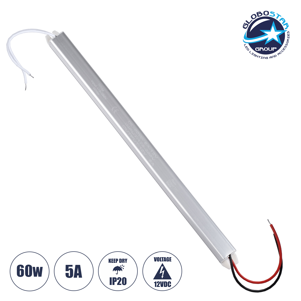 GloboStar® 73024 Μεταλλικό Τροφοδοτικό PELV Ultra Slim για Προϊόντα LED 60W 5A - AC 220-240V σε DC 12V - IP20 L31 x W1.8 x H1.8cm - 3 Χρόνια Εγγύηση