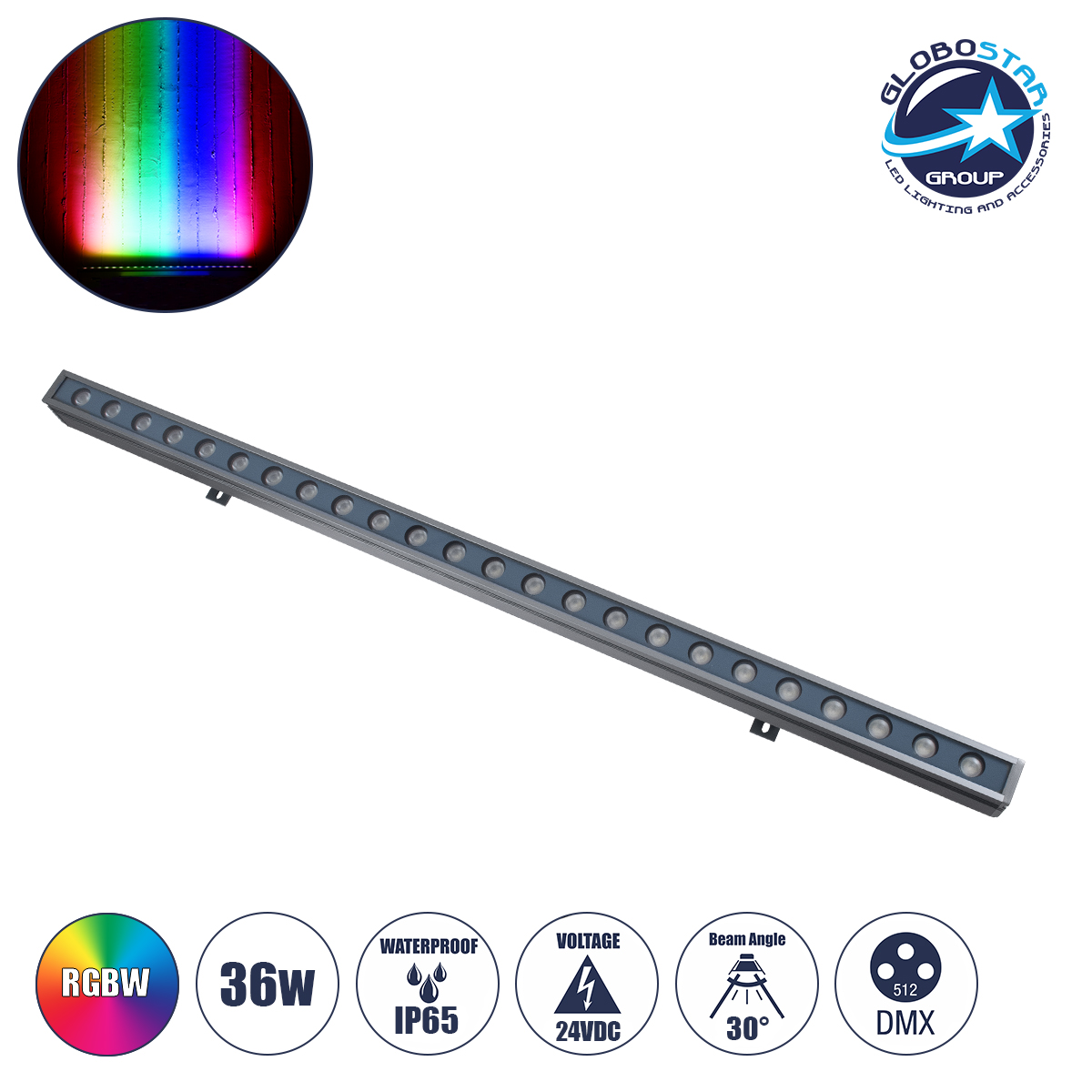GLOBOSTAR® WASHER-FAIA 90185 Μπάρα Φωτισμού Wall Washer με Αντιθαμβωτική Γρίλια LED 36W 3780lm 30° DC 24V Αδιάβροχο IP65 Πολύχρωμο RGBW Dimmable DMX512 - Γκρι Ανθρακί - Μ100 x Π4 x Υ5cm - 3 Χρόνια Εγγύηση