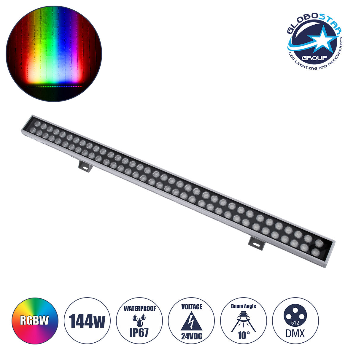 GLOBOSTAR® WASHER-GAIA 90216 Μπάρα Φωτισμού Wall Washer LED 144W 12240lm 10° DC 24V Αδιάβροχο IP67 Πολύχρωμο RGBW DMX512 Dimmable - Ασημί - Μ100 x Π7.3 x Υ4.3cm - 3 Χρόνια Εγγύηση
