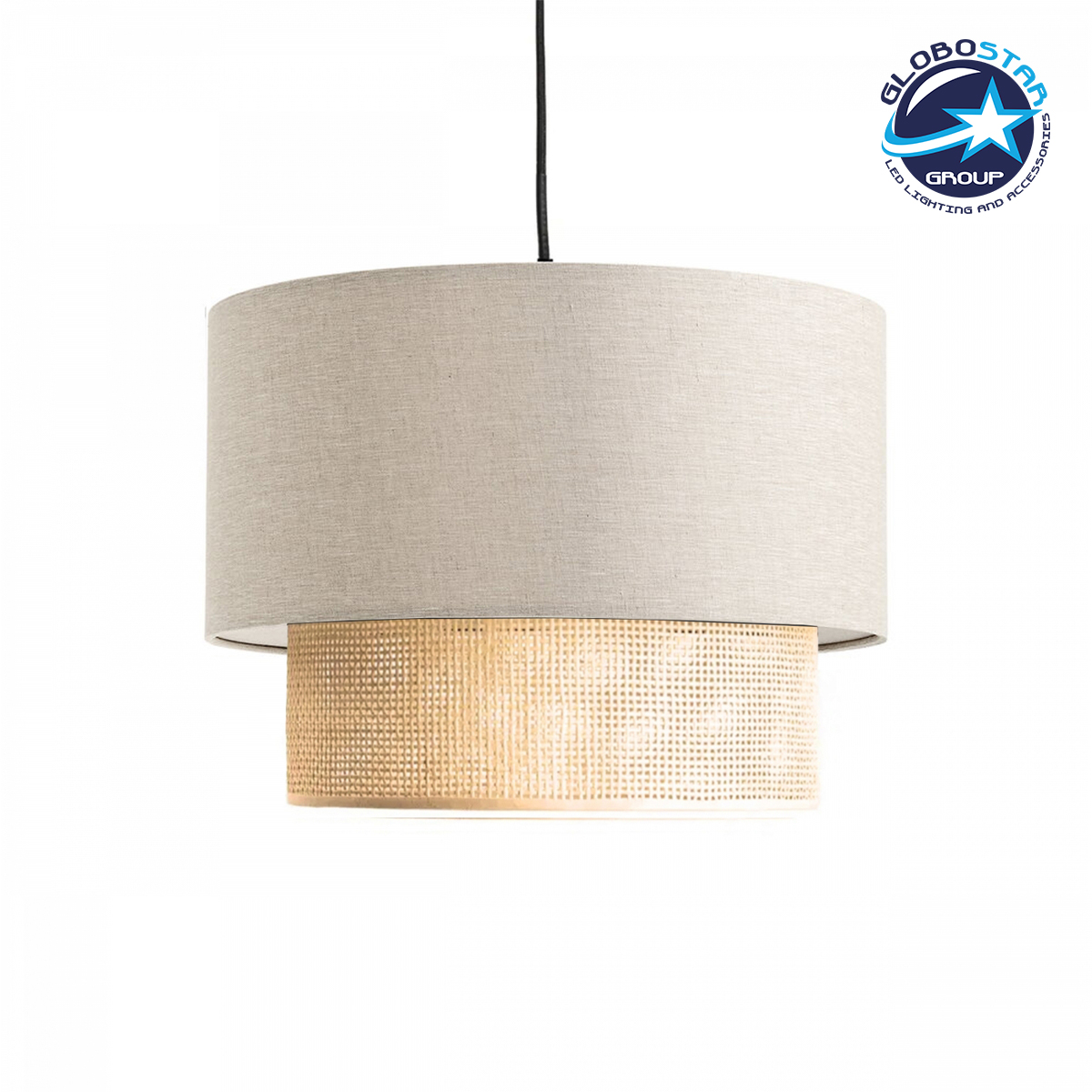 GloboStar® BIGGIE 204-0099 Μοντέρνο Κρεμαστό Φωτιστικό Kαπέλο Μονόφωτο 1 x E27 IP20 Μπεζ  Ύφασμα με Μπεζ Rattan - Μ30 x Π30 x Υ70cm