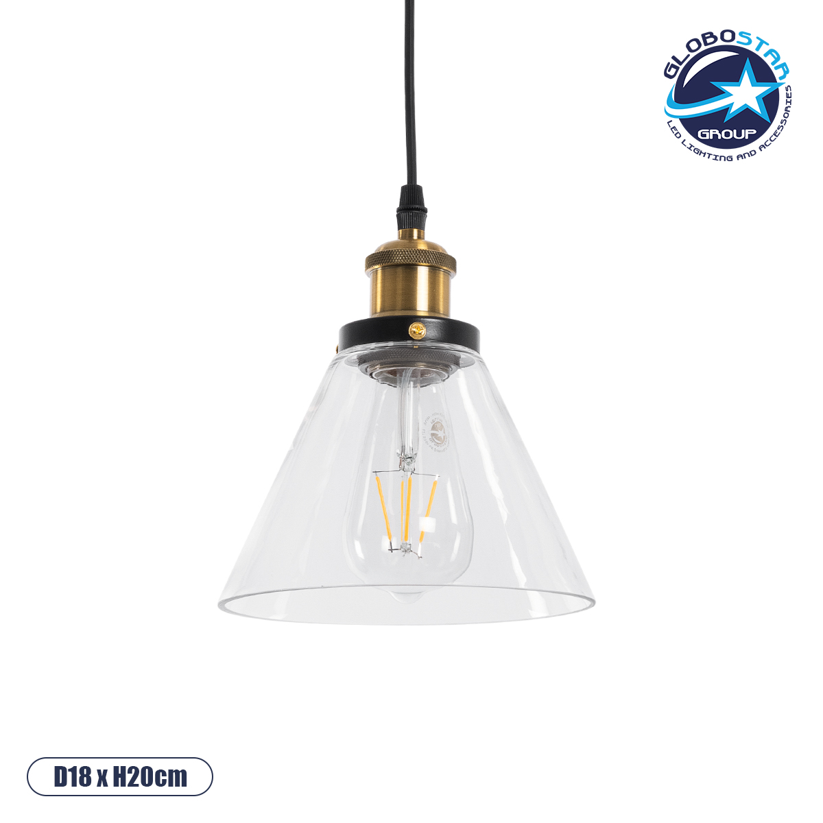 GloboStar® WICKHAM 01169 Vintage Κρεμαστό Φωτιστικό Καμπάνα Μονόφωτο 1 x E27 IP20 Διάφανο Γυαλί με Μαύρο & Χρυσό Μέταλλο - Μ18 x Π18 x Y20cm