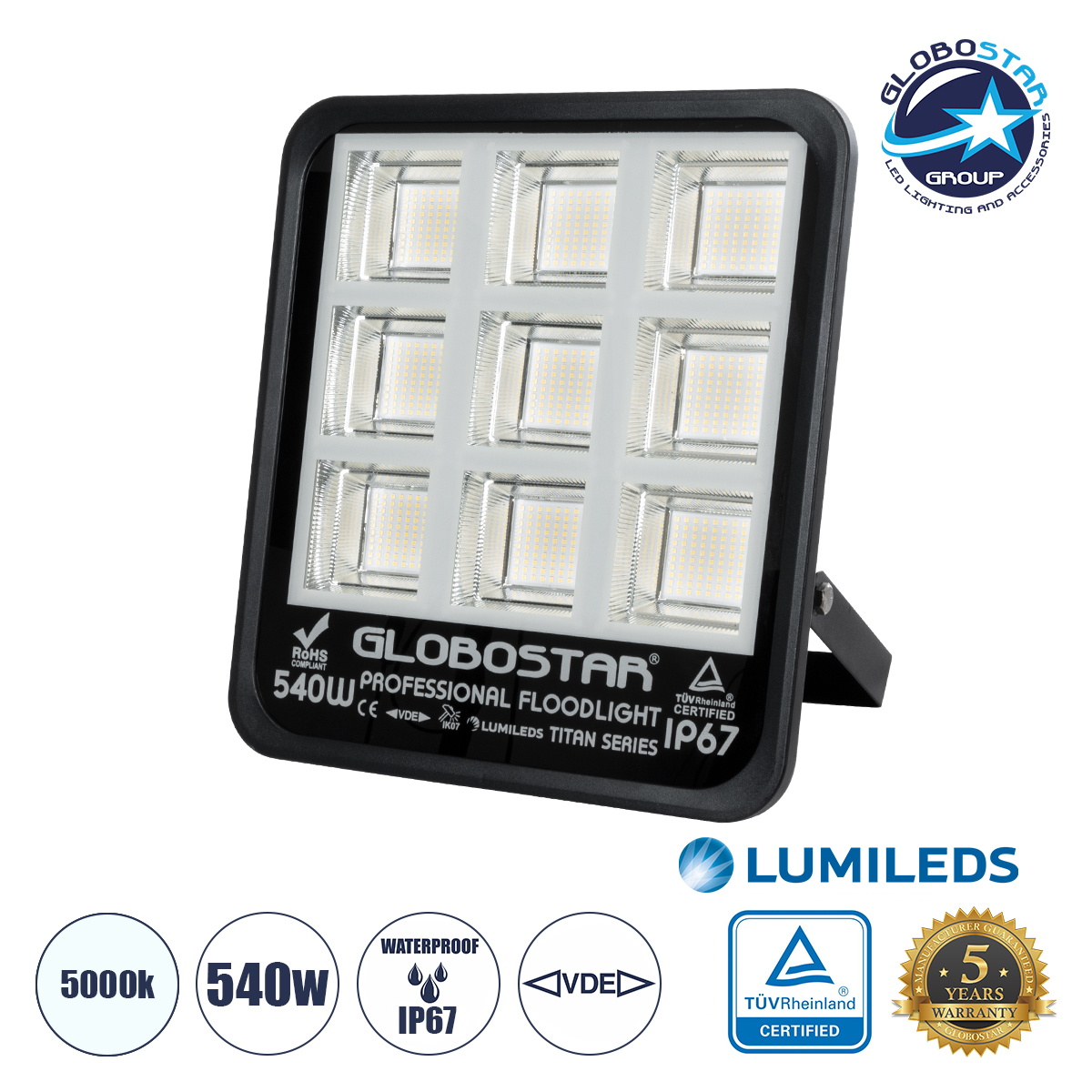 GloboStar® TITAN 61436 Επαγγελματικός Προβολέας για Γήπεδα Tennis & Ποδοσφαίρου 5x5 LED 540W 67500lm 60°x90° FishEye AC 220-240V - Αδιάβροχος IP67 - Μ38 x Π8 x Υ42cm - Μαύρο - Φυσικό Λευκό 5000K - LUMILEDS Chips - TÜV Rheinland Certified - 5 Χρόνια Εγγύηση