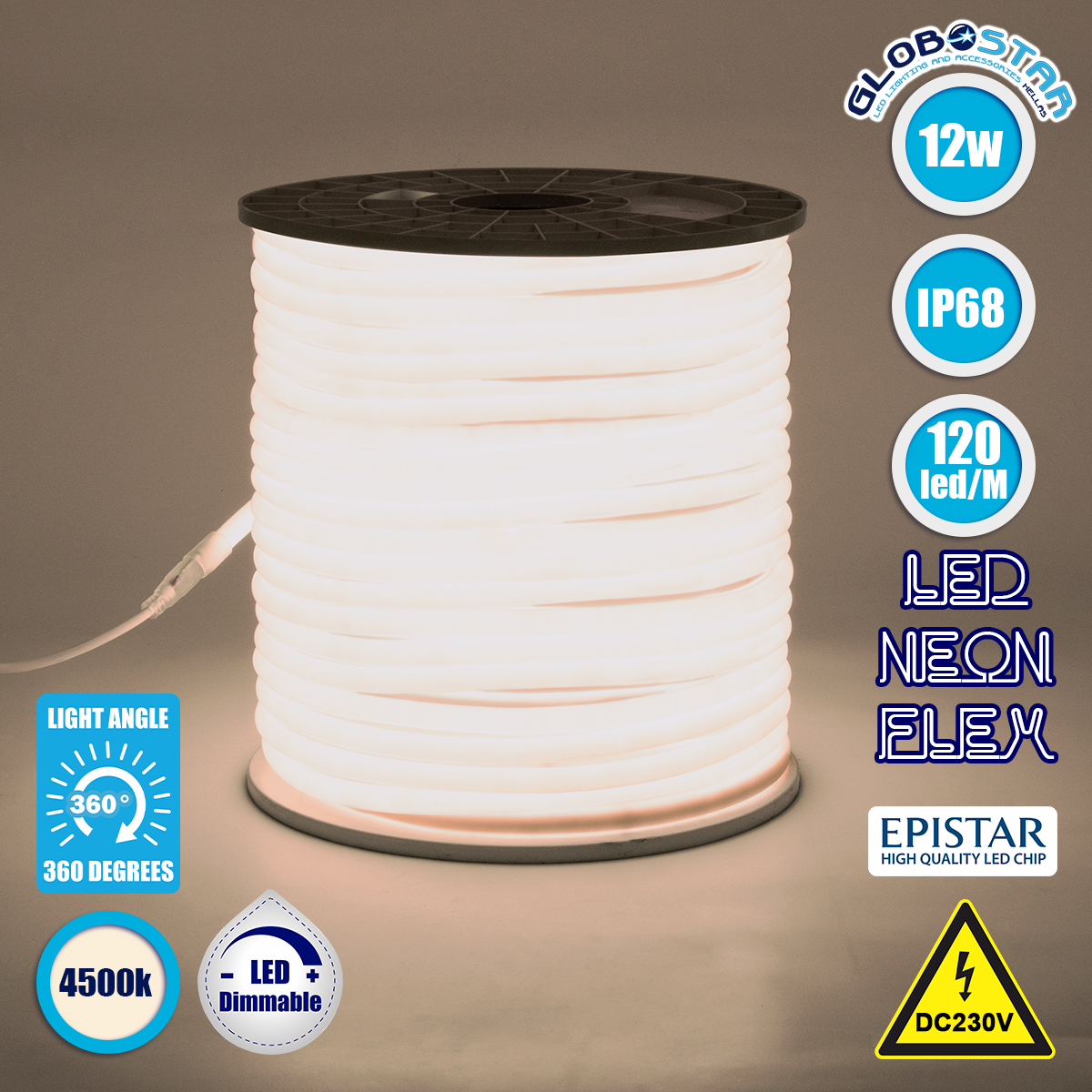 GloboStar® 70591 TUBE 360° Degree Neon Flex Epistar LED SMD 2835 1m 12W/m 120LED/m 1080lm/m 360° DC 230V Αδιάβροχη IP68 Φυσικό Λευκό 4500K Dimmable