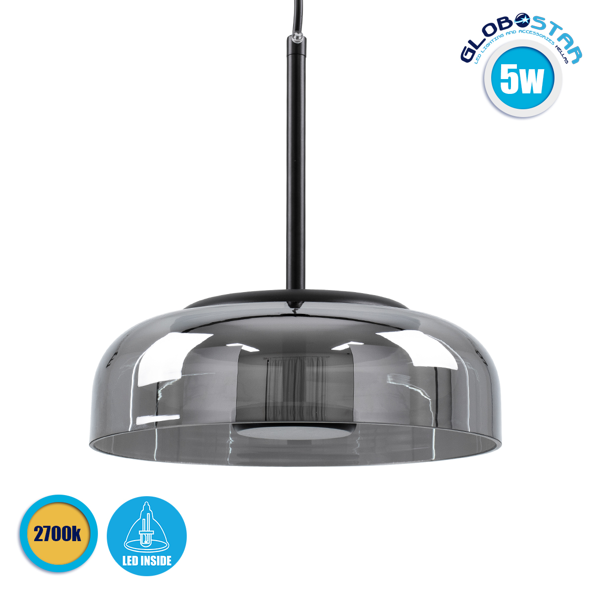 GloboStar® CHARLOTTE 00743 Μοντέρνο Κρεμαστό Φωτιστικό Καμπάνα CREE LED 5W 500lm 180° AC 85-265V IP20 Θερμό Λευκό 2700K Ασημί Γυαλί με Μαύρο Μέταλλο Μ23 x Π23 x Υ23cm - 2 Xρόνια Εγγύηση