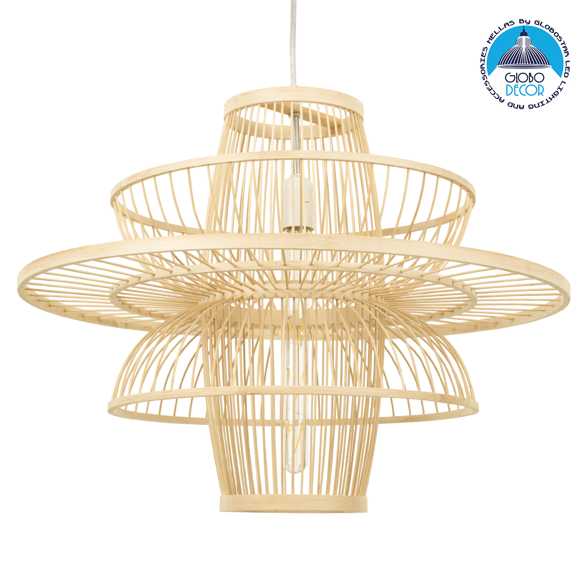 GloboStar® BALI 00862 Boho Κρεμαστό Φωτιστικό Πλέγμα Μονόφωτο 1 x E27 IP20 Μπεζ Ξύλο - Μ60 x Π60 x Υ45cm