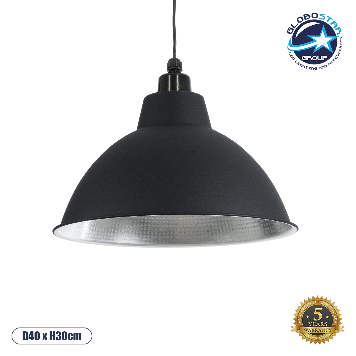 GloboStar® LOUVE 01176 Vintage Κρεμαστό Φωτιστικό Καμπάνα Μονόφωτο 1 x E27 IP20 Μαύρο & Ασημί Μέταλλο - Μ40 x Π40 x Y30cm