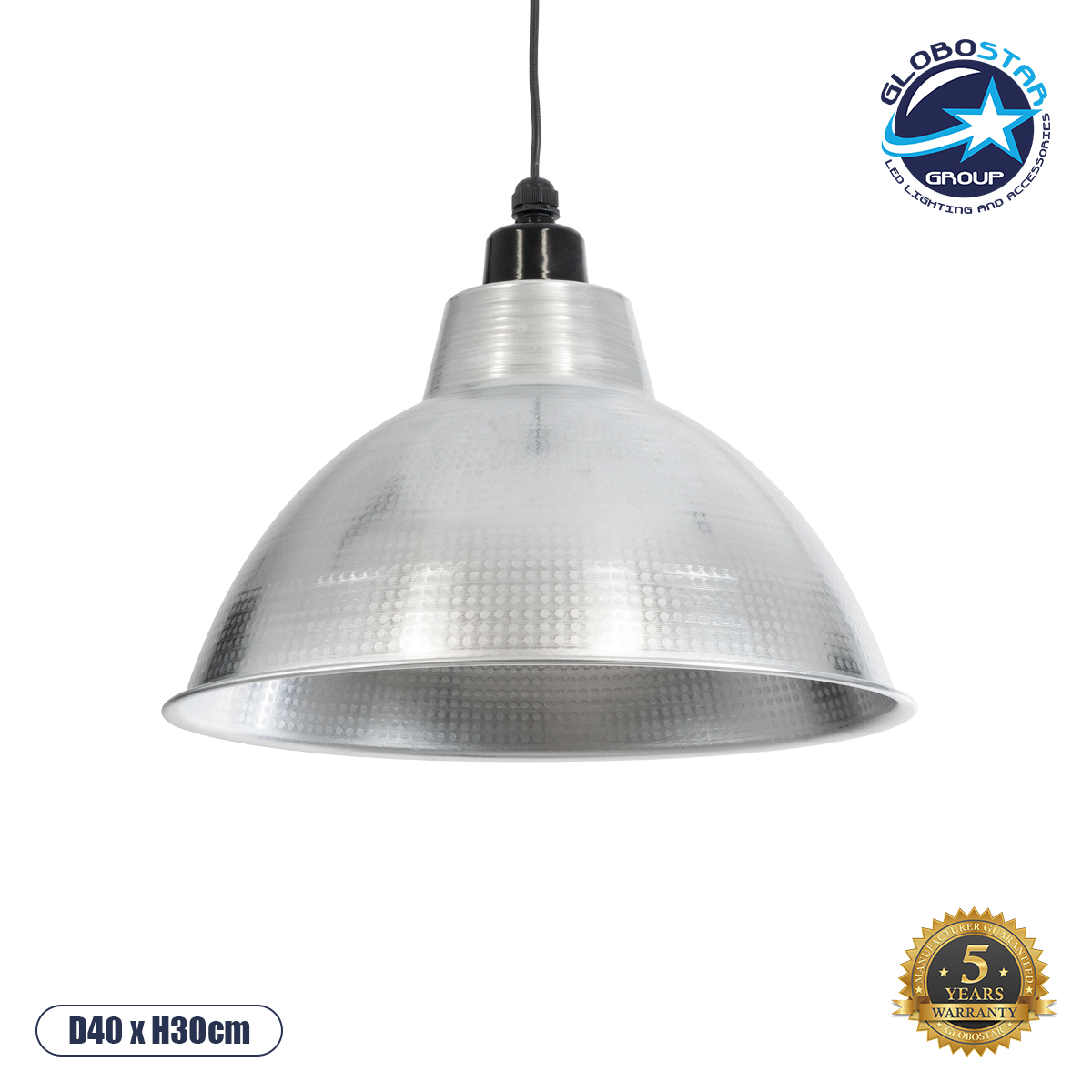 GloboStar® LOUVE 01178 Vintage Κρεμαστό Φωτιστικό Καμπάνα Μονόφωτο 1 x E27 IP20 Ασημί & Μαύρο Μέταλλο - Μ40 x Π40 x Y30cm