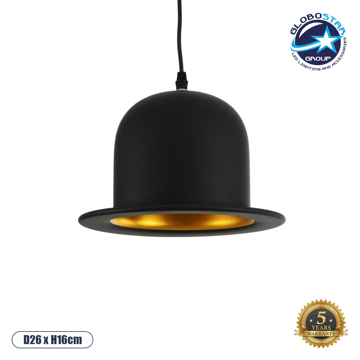 GloboStar® CHARLO 01214 Vintage Κρεμαστό Φωτιστικό Καμπάνα Μονόφωτο 1 x E27 IP20 Μαύρο & Χρυσό Μέταλλο - Μ26 x Π26 x Υ16cm