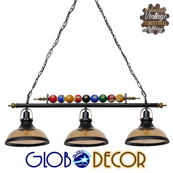 GloboStar® BILLIARD SERIES 01280 Vintage Κρεμαστό Φωτιστικό Φιγούρα Τρίφωτο 3 x E27 IP20 Mαύρο Μέταλλο με Μελί Γυαλί - Μ96 x Π25 x Υ30cm