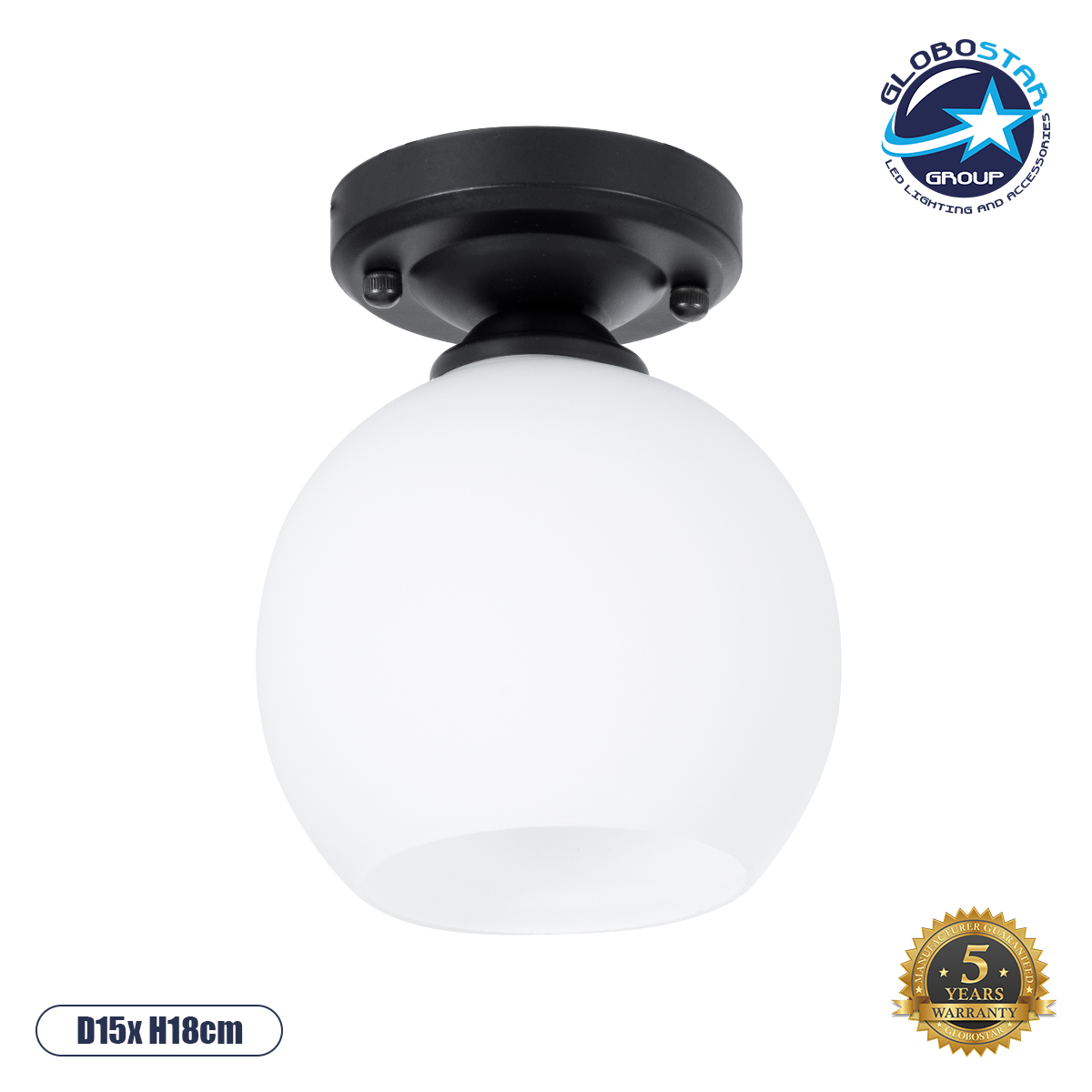 GloboStar® MAURA 01318 Μοντέρνο Φωτιστικό Οροφής Μπάλα Μονόφωτο 1 x E27 IP20 Λευκό Γυαλί με Μαύρο Μέταλλο - Μ15 x Π15 x Υ18cm