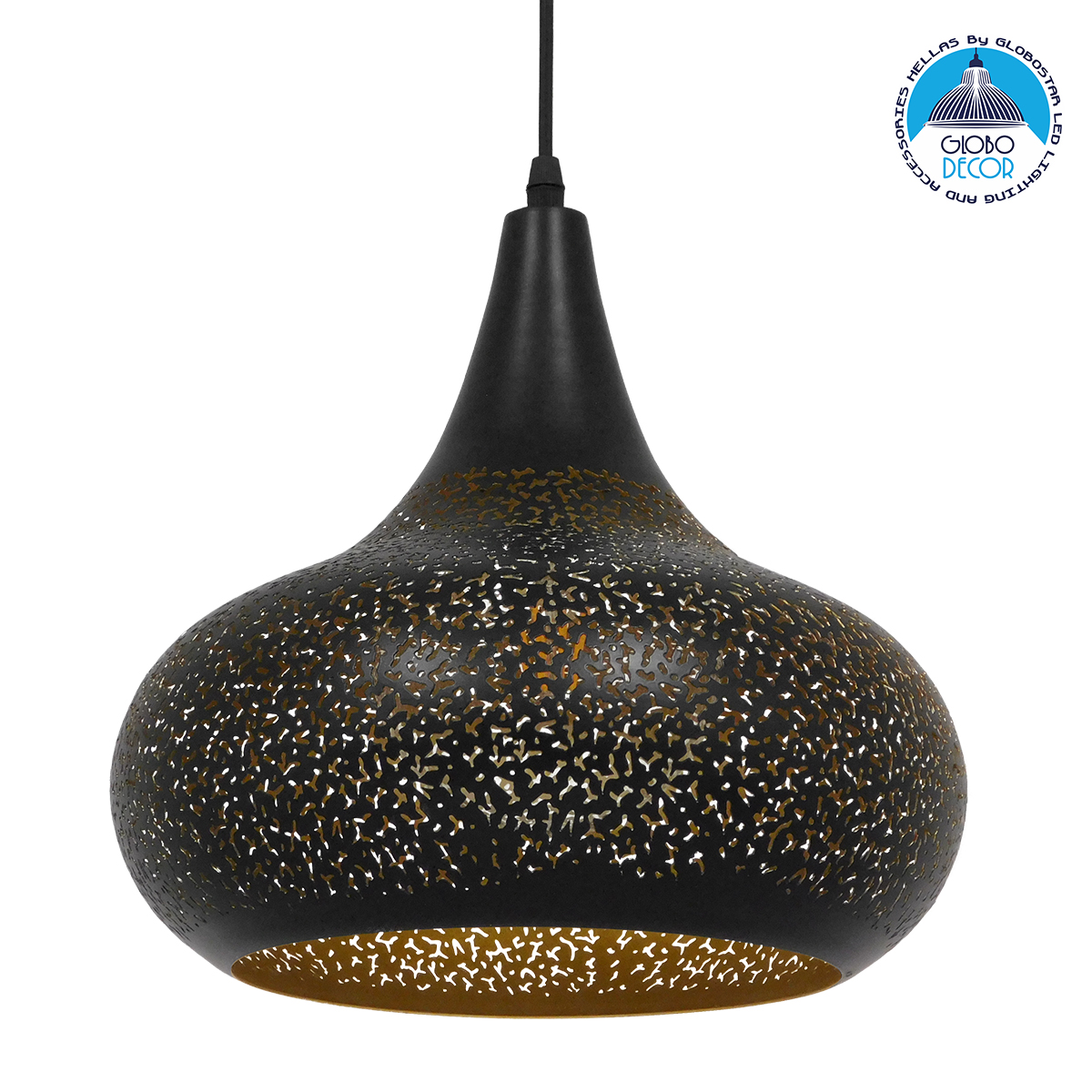 GloboStar® JANIS 01590 Μοντέρνο Κρεμαστό Φωτιστικό Καμπάνα Μονόφωτο 1 x E27 IP20 Μαύρο & Χρυσό Μέταλλο - Μ30 x Π30 x Υ30cm