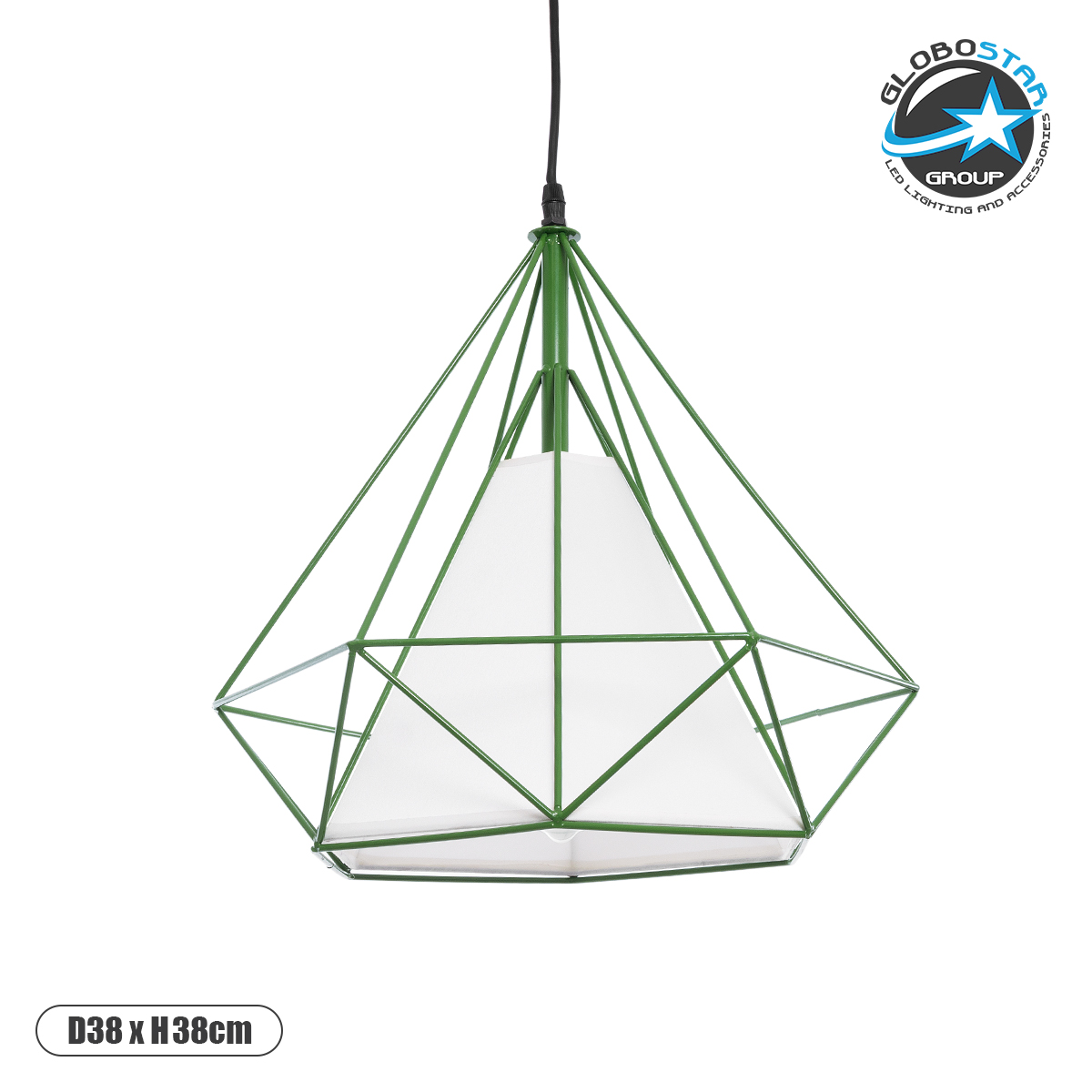 GloboStar® KAIRI 01622 Μοντέρνο Κρεμαστό Φωτιστικό Πλέγμα Μονόφωτο 1 x E27 IP20 Πράσινο Μέταλλο με Λευκό Ύφασμα - Μ38 x Π38 x Y38cm