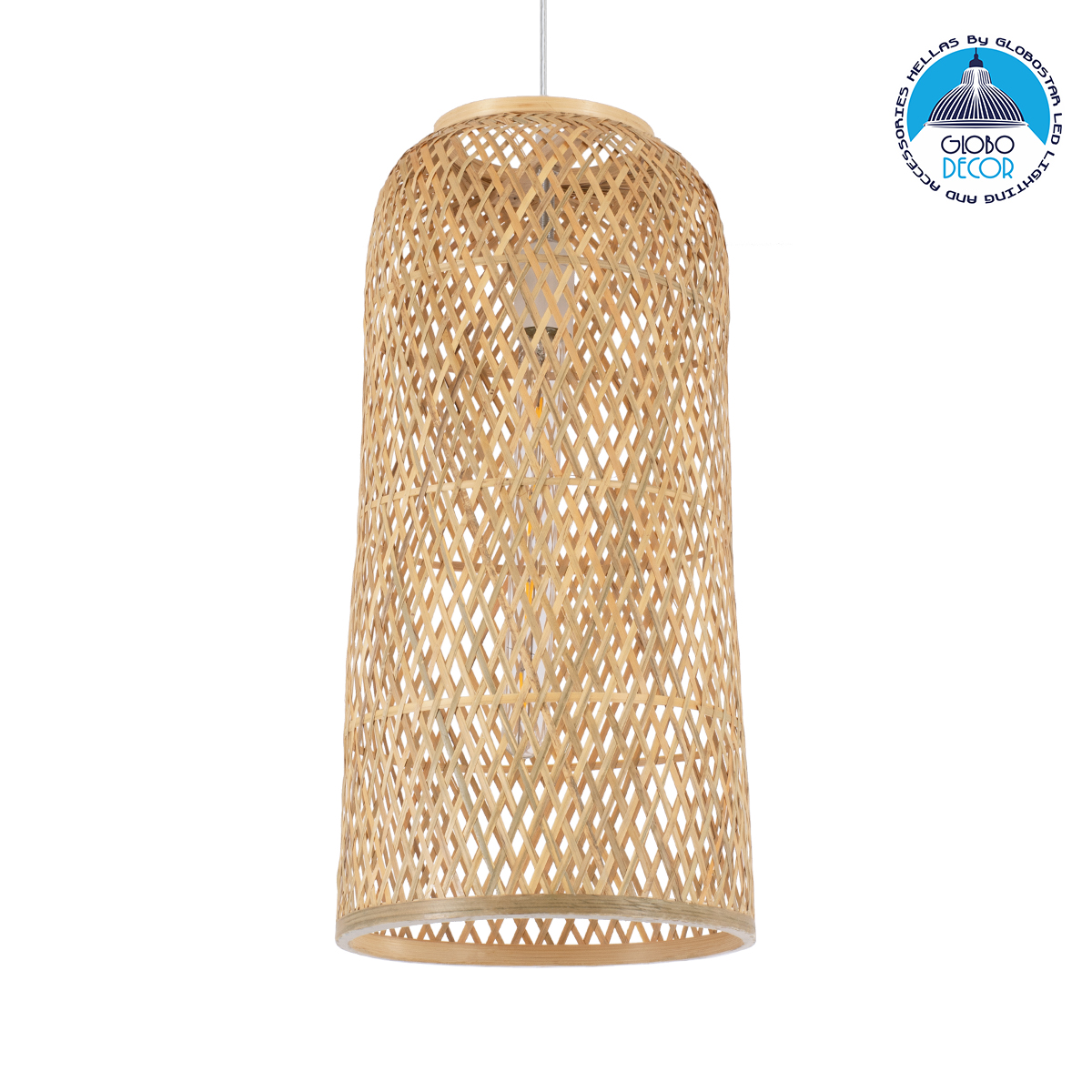 GloboStar® CALERO 01710 Boho Μοντέρνο Κρεμαστό Πλέγμα Μονόφωτο 1 x E27 IP20 Μπεζ Ξύλο - Μ25 x Π25 x Υ50cm