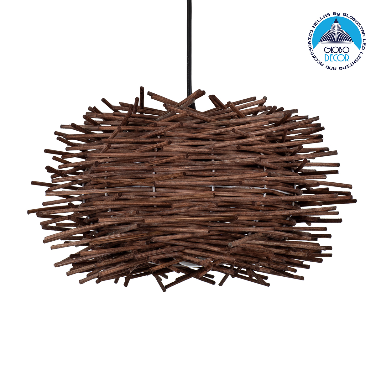 GloboStar® MINORCA 01732 Boho Κρεμαστό Φωτιστικό Ανάρτηση Μονόφωτο 1 x E27 IP20 Καφέ Ξύλο - Μ30 x Π30 x Y18cm
