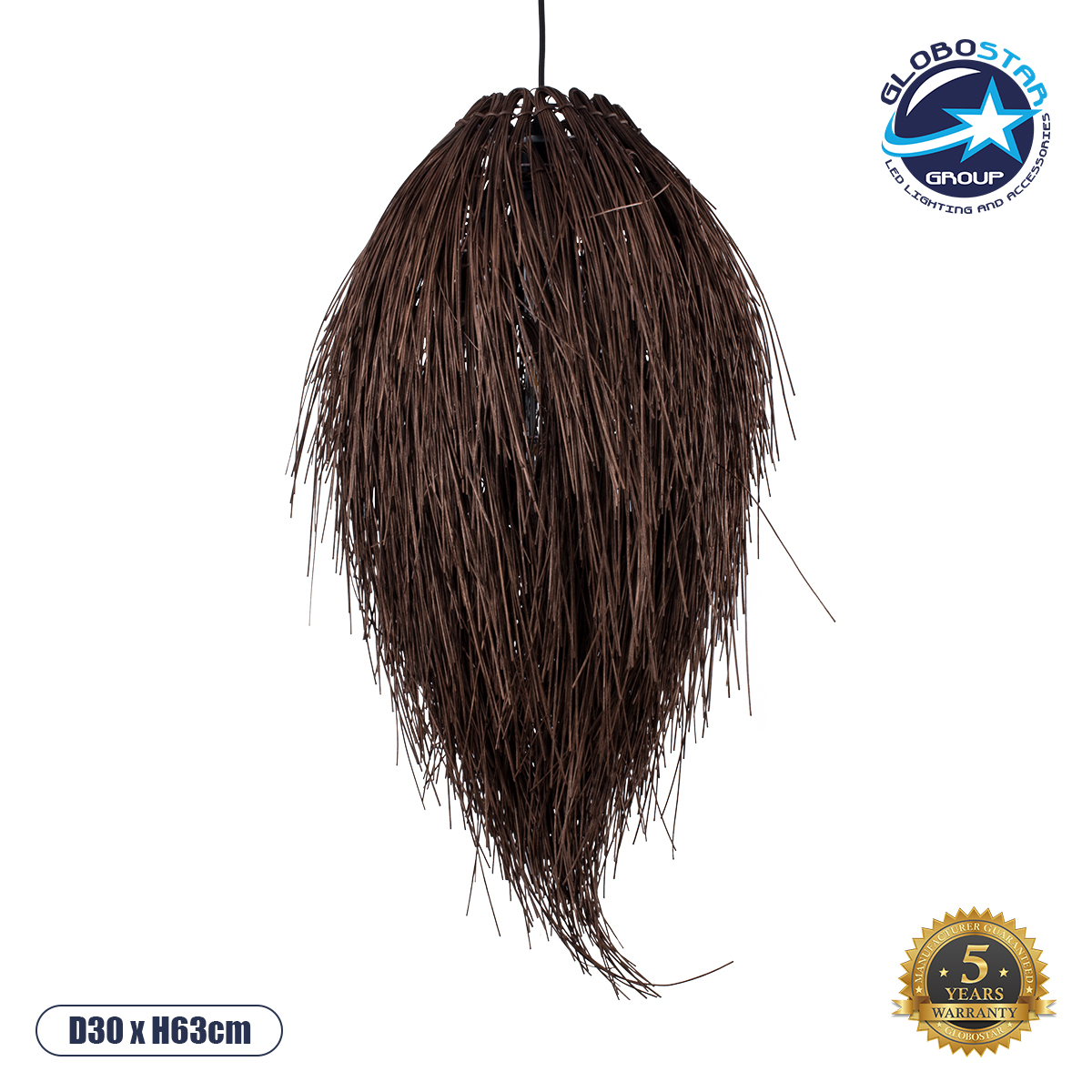 GloboStar® ARCHIPELAGO 01748 Boho Κρεμαστό Φωτιστικό Πλέγμα Μονόφωτο 1 x E27 IP20 Καφέ Ξύλο - Μ30 x Π30 x Υ63cm
