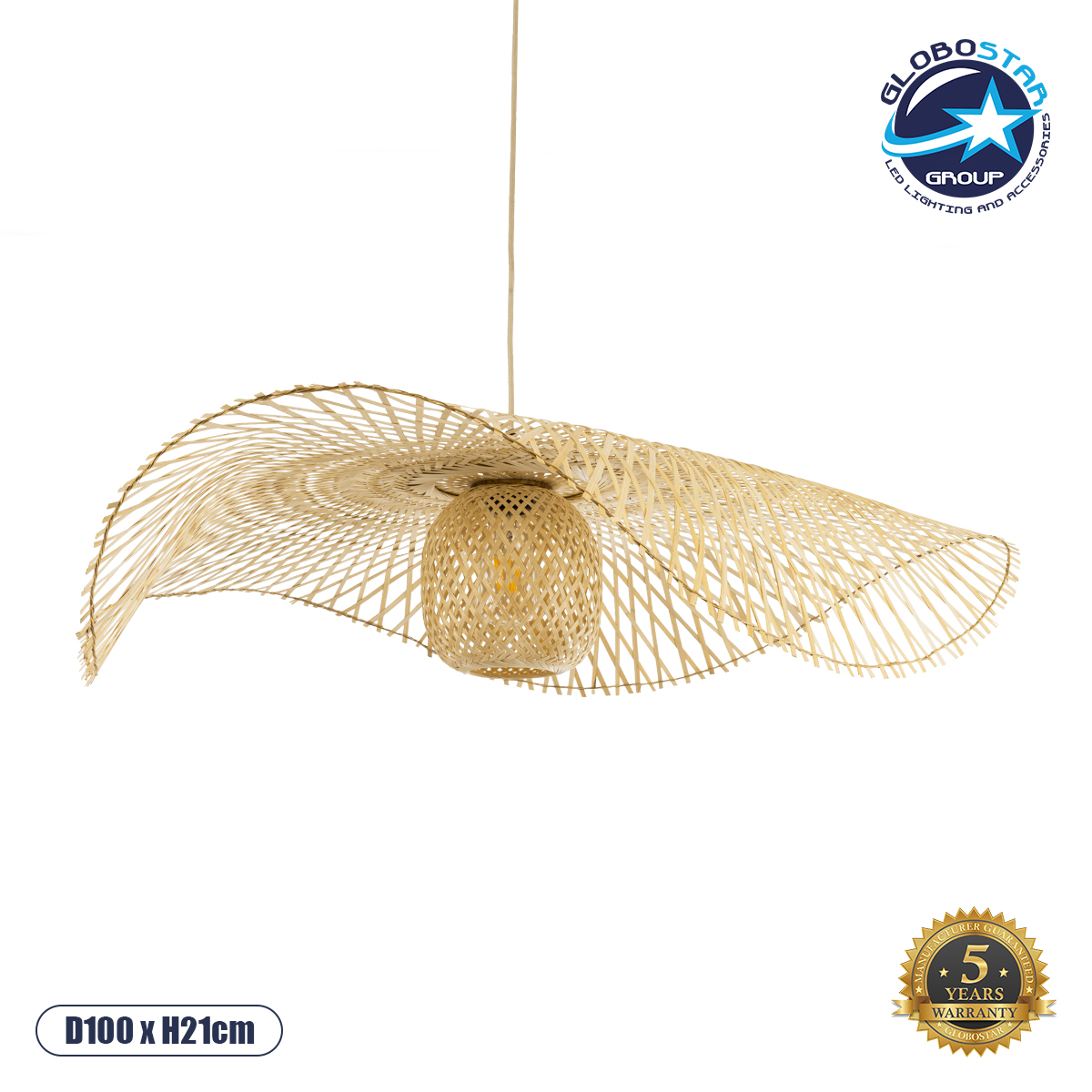GloboStar® CINNABAR 01838 Boho Κρεμαστό Φωτιστικό Πλέγμα Μονόφωτο 1 x E27 IP20 Μπεζ Ξύλο - Μ100 x Π100 x Υ21cm
