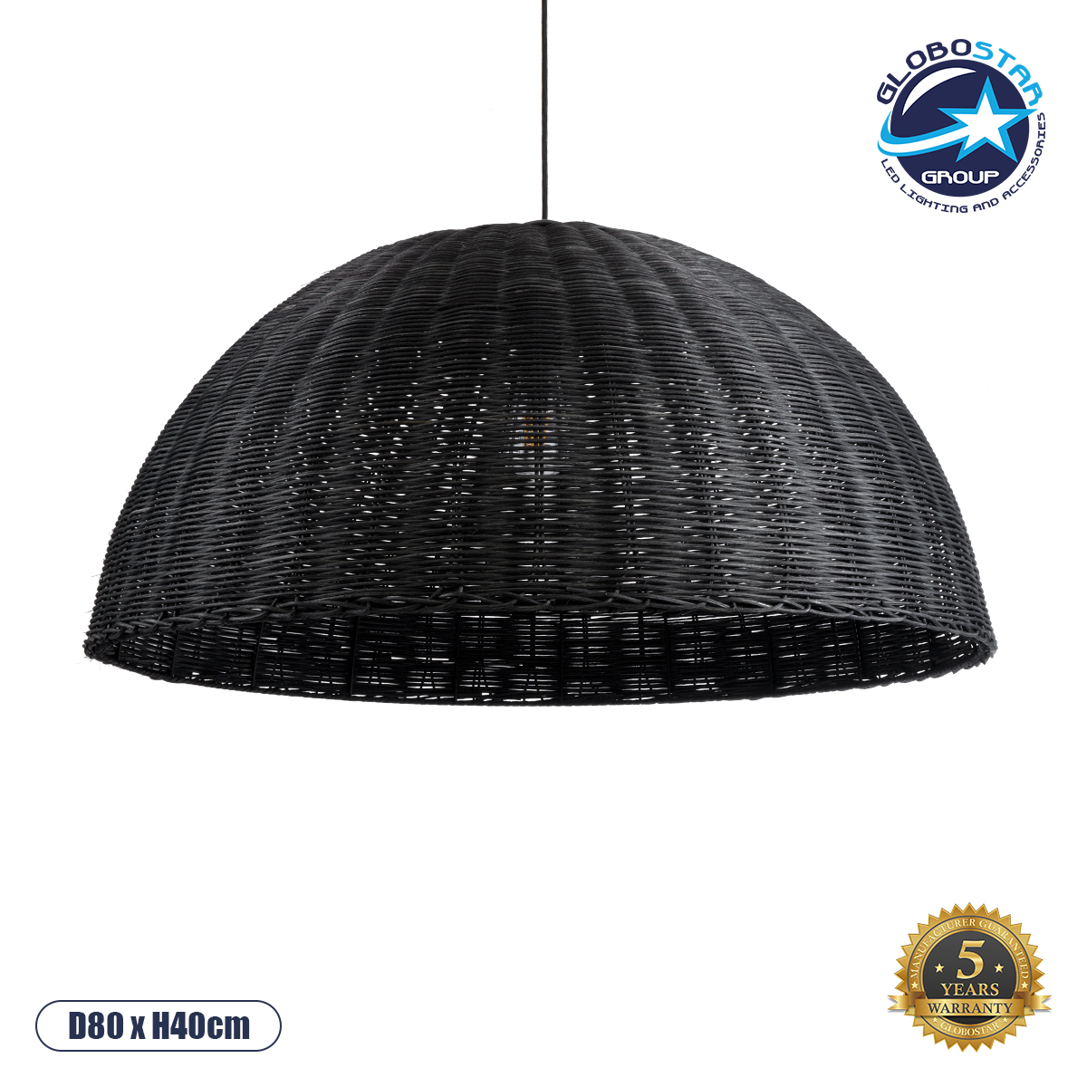 GloboStar® MONTANA 02384 Boho Κρεμαστό Φωτιστικό Καμπάνα Μονόφωτο 1 x E27 IP20 Μαύρο Ξύλο - Μ80 x Π80 x Υ40cm