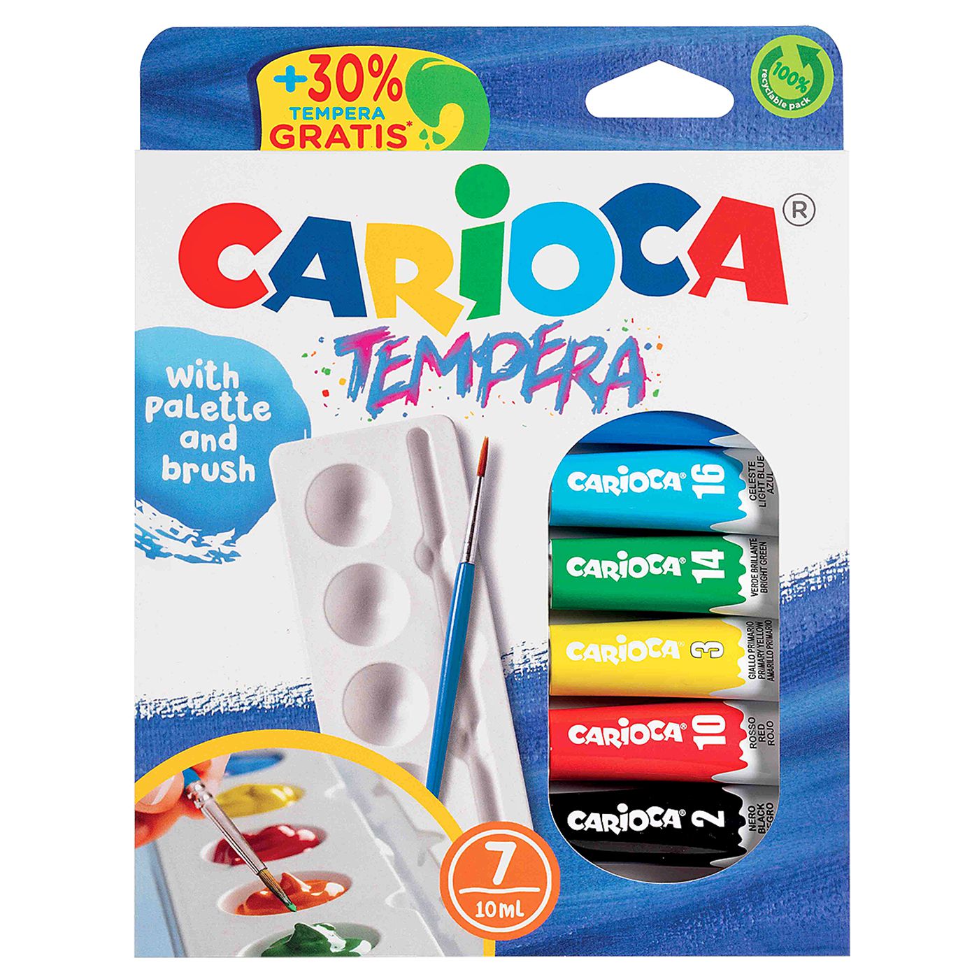 Σετ 7 Τέμπερες Παλέτα & Πινέλο Carioca 7x10mL Carioca 40011