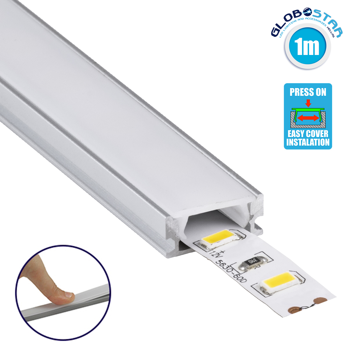 GloboStar® SURFACE-PROFILE 70805-1M Προφίλ Αλουμινίου - Βάση & Ψύκτρα Ταινίας LED με Λευκό Γαλακτερό Κάλυμμα - Επιφανειακή Χρήση - Πατητό Κάλυμμα - Ασημί - 1 Μέτρο - Μ100 x Π1.6 x Υ0.7cm