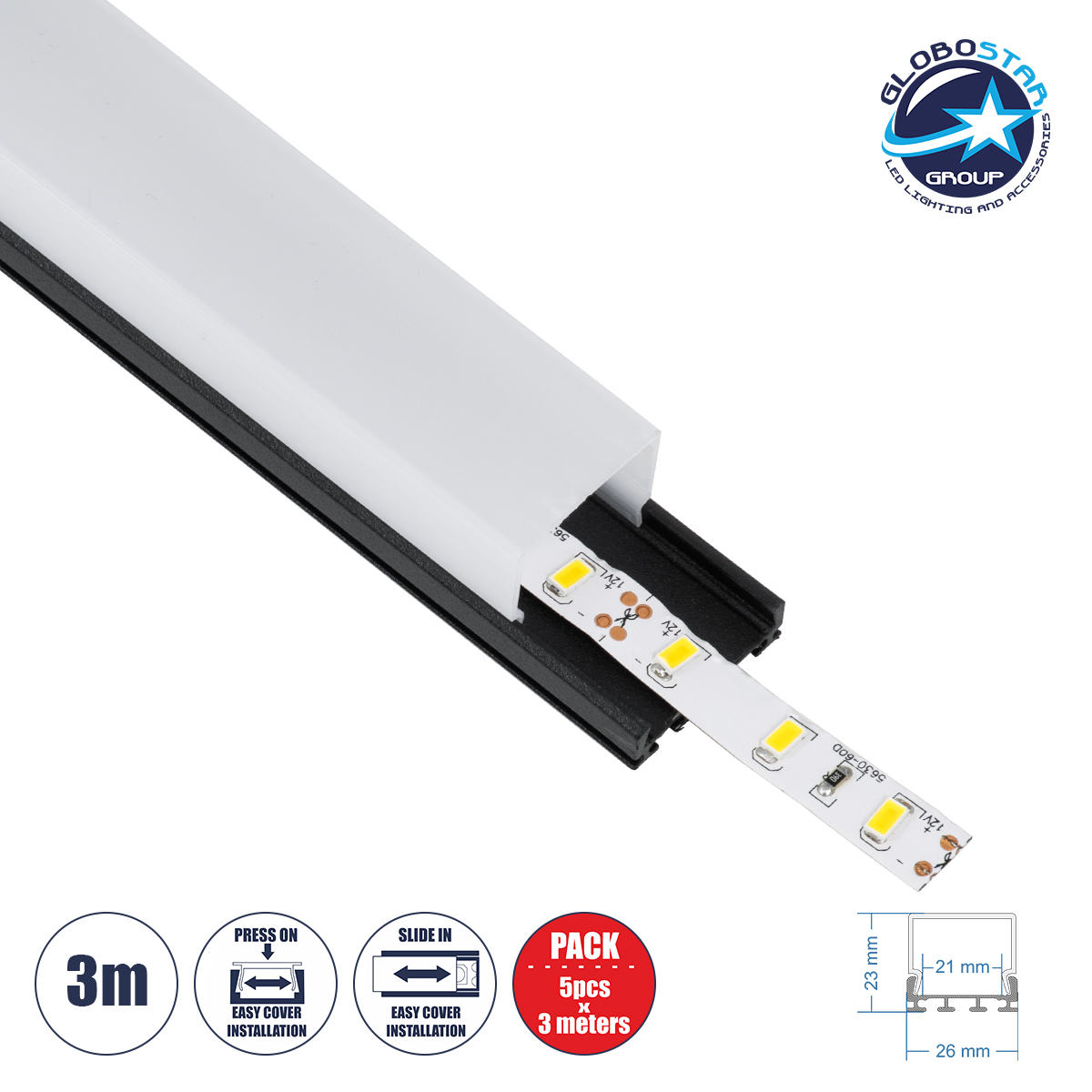 GloboStar® SURFACEPENDANT-PROFILE 70849-3M Προφίλ Αλουμινίου - Βάση & Ψύκτρα Ταινίας LED με Λευκό Γαλακτερό Κάλυμμα - Επιφανειακή & Κρεμαστή Χρήση - Πατητό Κάλυμμα - Μαύρο - 3 Μέτρα - Πακέτο 5 Τεμαχίων - Μ300 x Π2.6 x Υ2.3cm