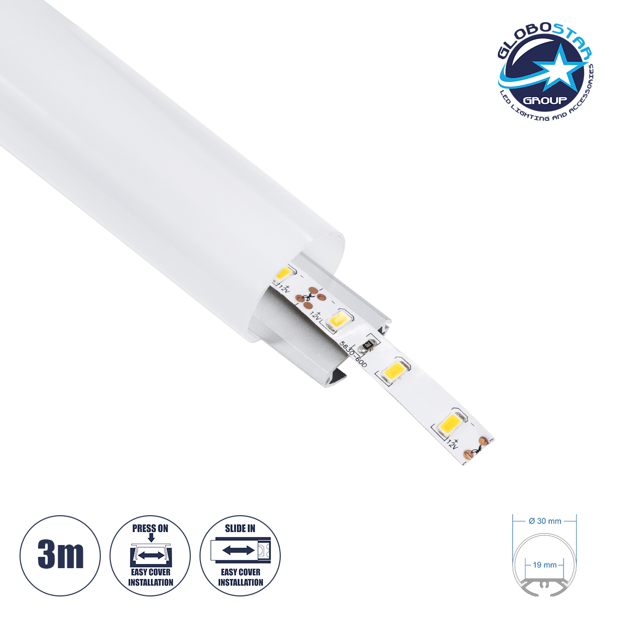 GloboStar® SURFACEPENDANT-PROFILE 70853-3M Προφίλ Αλουμινίου - Βάση & Ψύκτρα Ταινίας LED με Λευκό Γαλακτερό Κάλυμμα - Επιφανειακή & Κρεμαστή Χρήση - Πατητό Κάλυμμα - Ασημί - 3 Μέτρα - Μ300 x Φ3cm