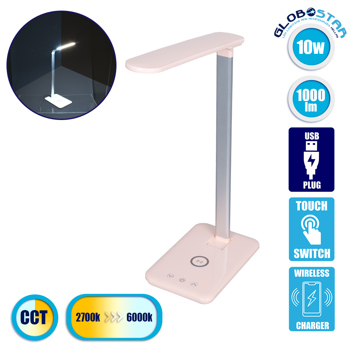 GloboStar® 76533 Επιτραπέζιο Φωτιστικό Πορτατίφ LED 3.5W 350lm -° DC 5V IP20 CCT Θερμό Λευκό 2700K - Φυσικό Λευκό 4500K - Ψυχρό Λευκό 6000K Dimmable Ροζ Πλαστικό με Γκρι Μέταλλο - Μ27 x Π14 x Υ51cm - 2 Xρόνια Εγγύηση
