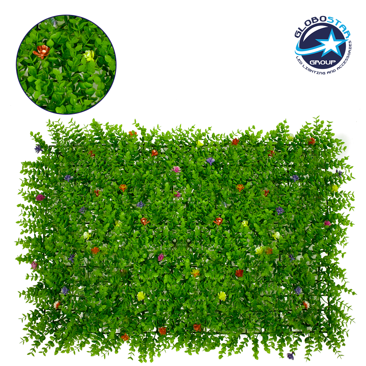 GloboStar® 78408 Artificial - Συνθετικό Τεχνητό Διακοσμητικό Πάνελ Φυλλωσιάς - Κάθετος Κήπος Καυκάσιο Πυξάρι Πολύχρωμα Λουλούδια Πράσινο Μ60 x Υ40 x Π8cm