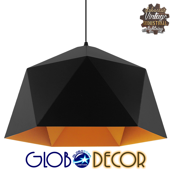 GloboStar® HEXAGON 01195 Μοντέρνο Κρεμαστό Φωτιστικό Καμπάνα Μονόφωτο 1 x E27 IP20 Μαύρο & Χρυσό Μέταλλο - Μ46 x Π46 x Υ25cm