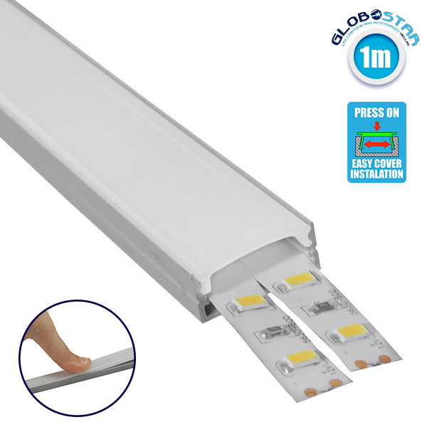 GloboStar® SURFACE-PROFILE 70809-1M Προφίλ Αλουμινίου - Βάση & Ψύκτρα Ταινίας LED με Λευκό Γαλακτερό Κάλυμμα - Επιφανειακή Χρήση - Πατητό Κάλυμμα - Ασημί - 1 Μέτρο - Μ100 x Π2.4 x Υ1.1cm