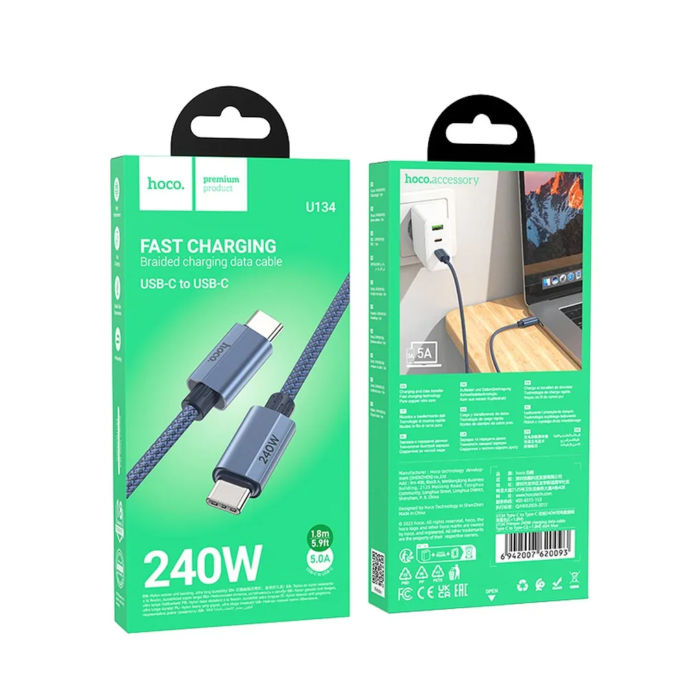 HOCO-U134-καλώδιο-Type-C-σε-Type-C-PD-QC3.0-5A-240W-18μ-μπλε3 HOCO U134 καλώδιο Type-C σε Type-C, PD QC3.0, 5A 240W, 1,8μ, μπλε - Image 3