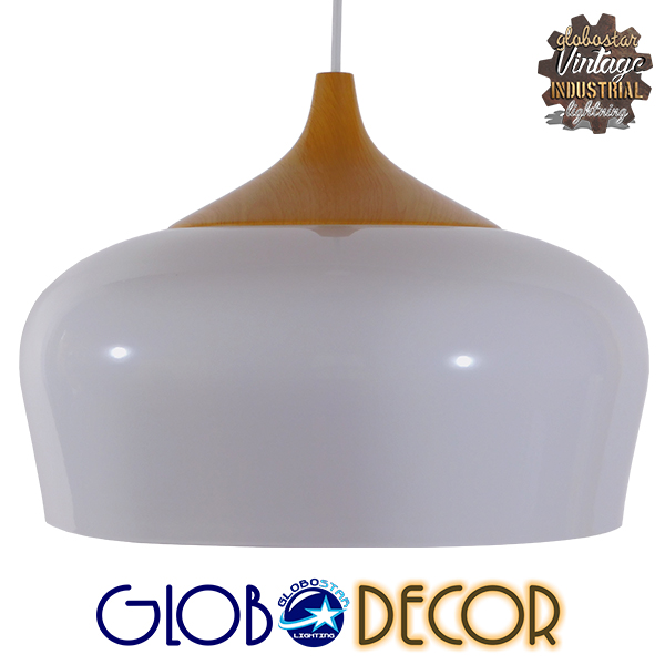GloboStar® VILI 01260 Μοντέρνο Κρεμαστό Φωτιστικό Καμπάνα Μονόφωτο 1 x E27 IP20 Λευκό Μέταλλο με Μπεζ Ξύλο - Μ35 x Π35 x Υ27cm