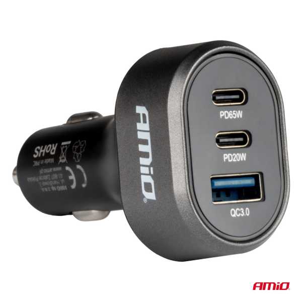 04177_AM_2 ΦΟΡΤΙΣΤΗΣ ΑΝΑΠΤΗΡΑ ΜΕ 3 ΘΥΡΕΣ 2xUSB-C 65W/20W+USB-A QUICK CHARGE 3.0 ΜΑΥΡΟ AMIO - 1 Τεμ. - Image 2
