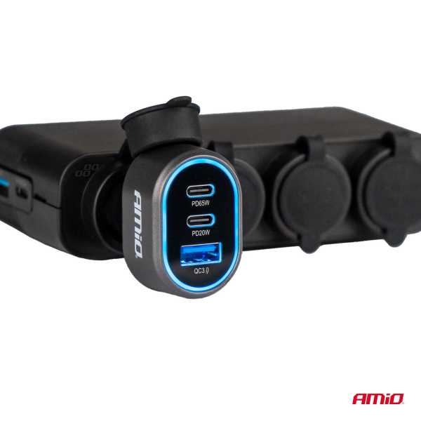 04177_AM_3 ΦΟΡΤΙΣΤΗΣ ΑΝΑΠΤΗΡΑ ΜΕ 3 ΘΥΡΕΣ 2xUSB-C 65W/20W+USB-A QUICK CHARGE 3.0 ΜΑΥΡΟ AMIO - 1 Τεμ. - Image 3
